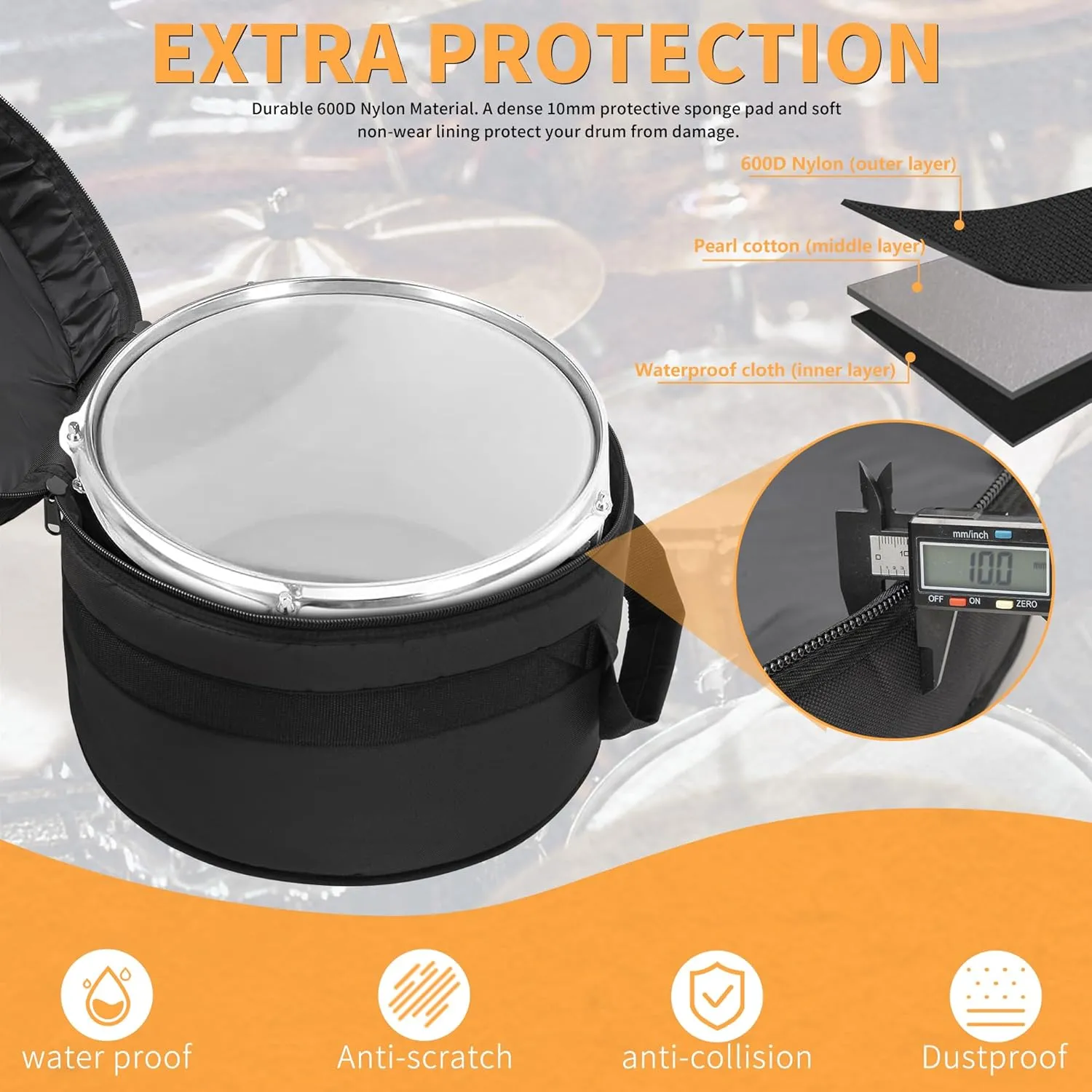 Tom Drum Bag For Tom 14"x12", 10mm Thick Padded Travel Drum Case