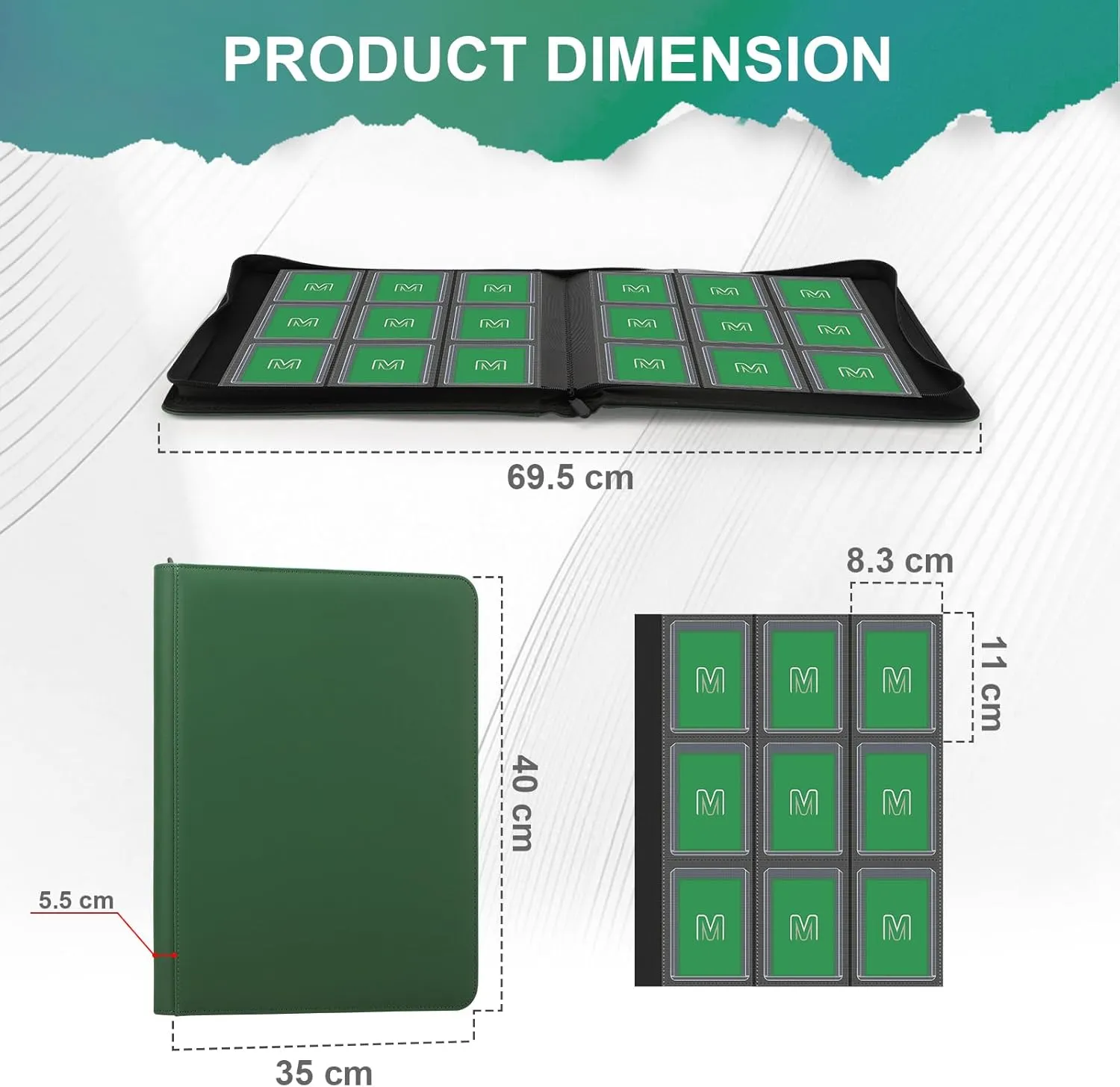 Toploader Binder,Trading Card Binder Storage Hold up 288 Cards 9-Pocket Top Loader Binder with Sleeves for 3"x4" Rigid Toploaders Hard Cases (9Deep Green)