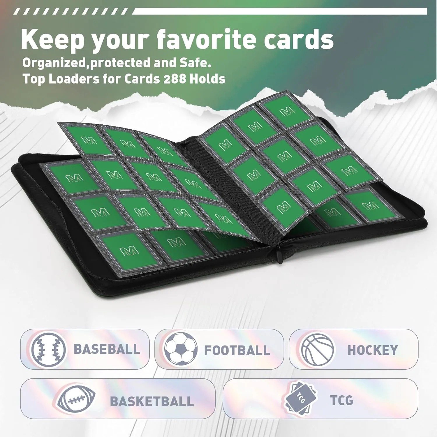 Toploader Binder,Trading Card Binder Storage Hold up 288 Cards 9-Pocket Top Loader Binder with Sleeves for 3"x4" Rigid Toploaders Hard Cases (9Deep Green)