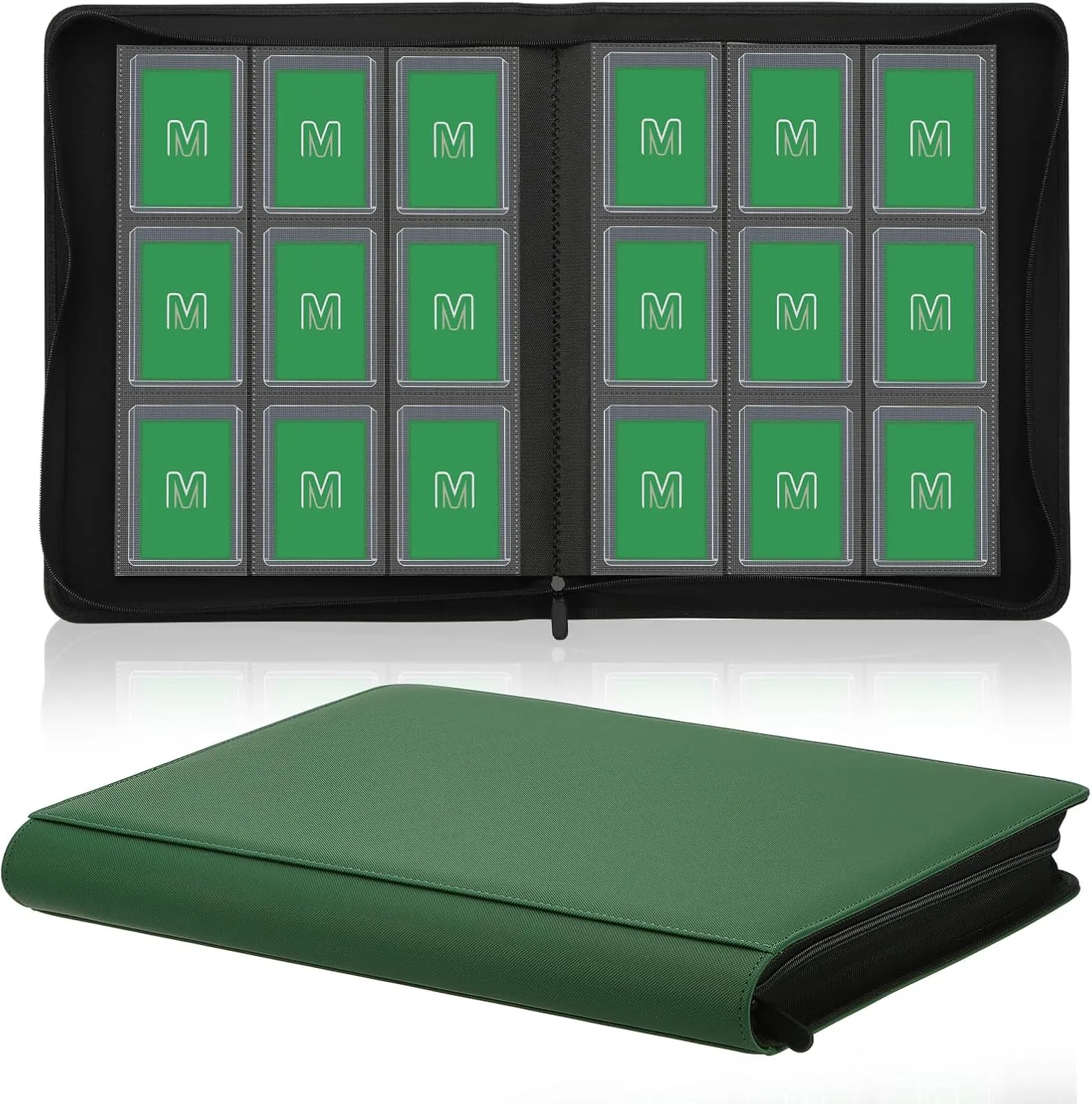 Toploader Binder,Trading Card Binder Storage Hold up 288 Cards 9-Pocket Top Loader Binder with Sleeves for 3"x4" Rigid Toploaders Hard Cases (9Deep Green)