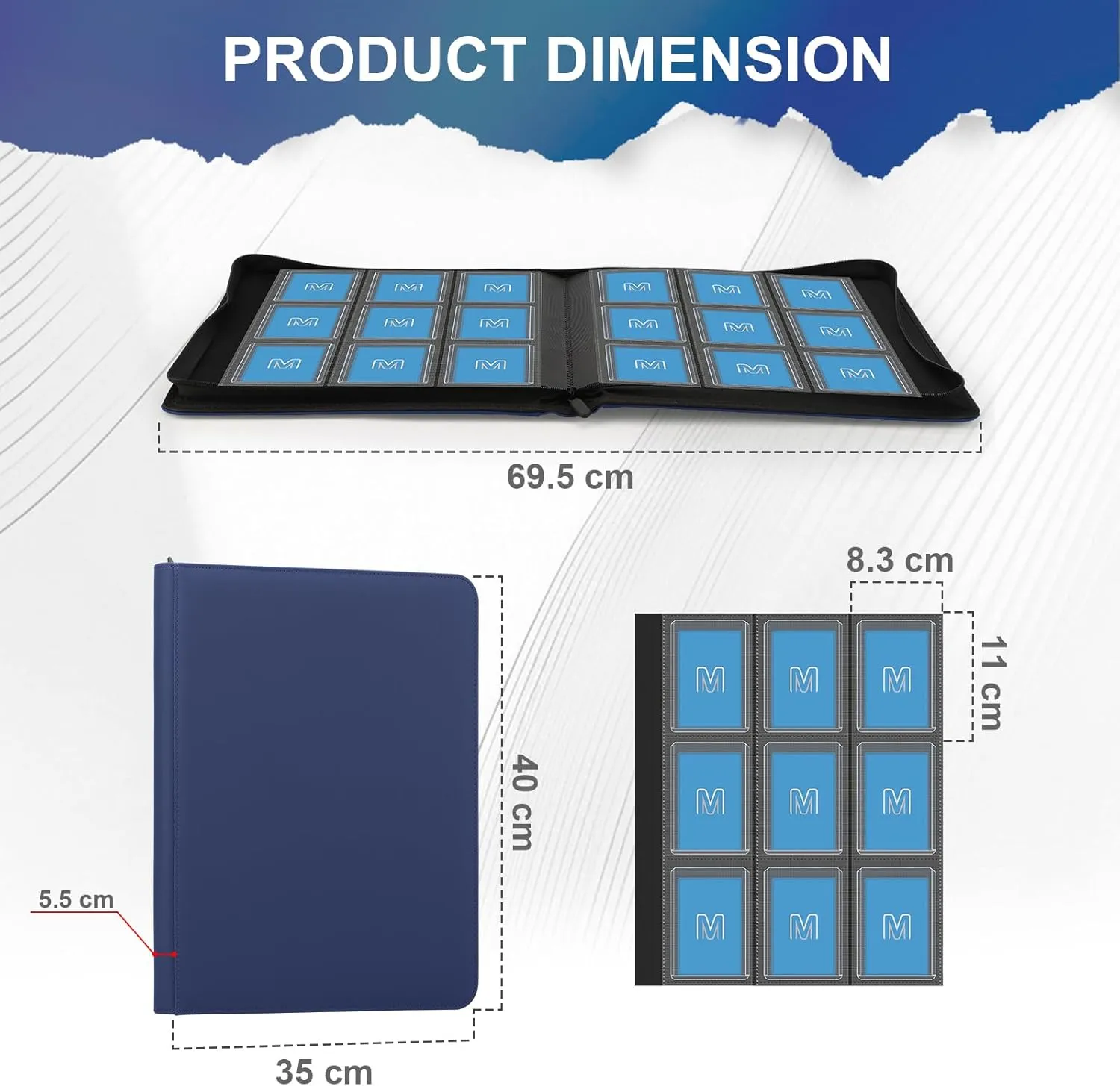 Toploader Binder,Trading Card Binder Storage Hold up 288 Cards 9-Pocket Top Loader Binder with Sleeves for 3"x4" Rigid Toploaders Hard Cases (9Navy Blue)