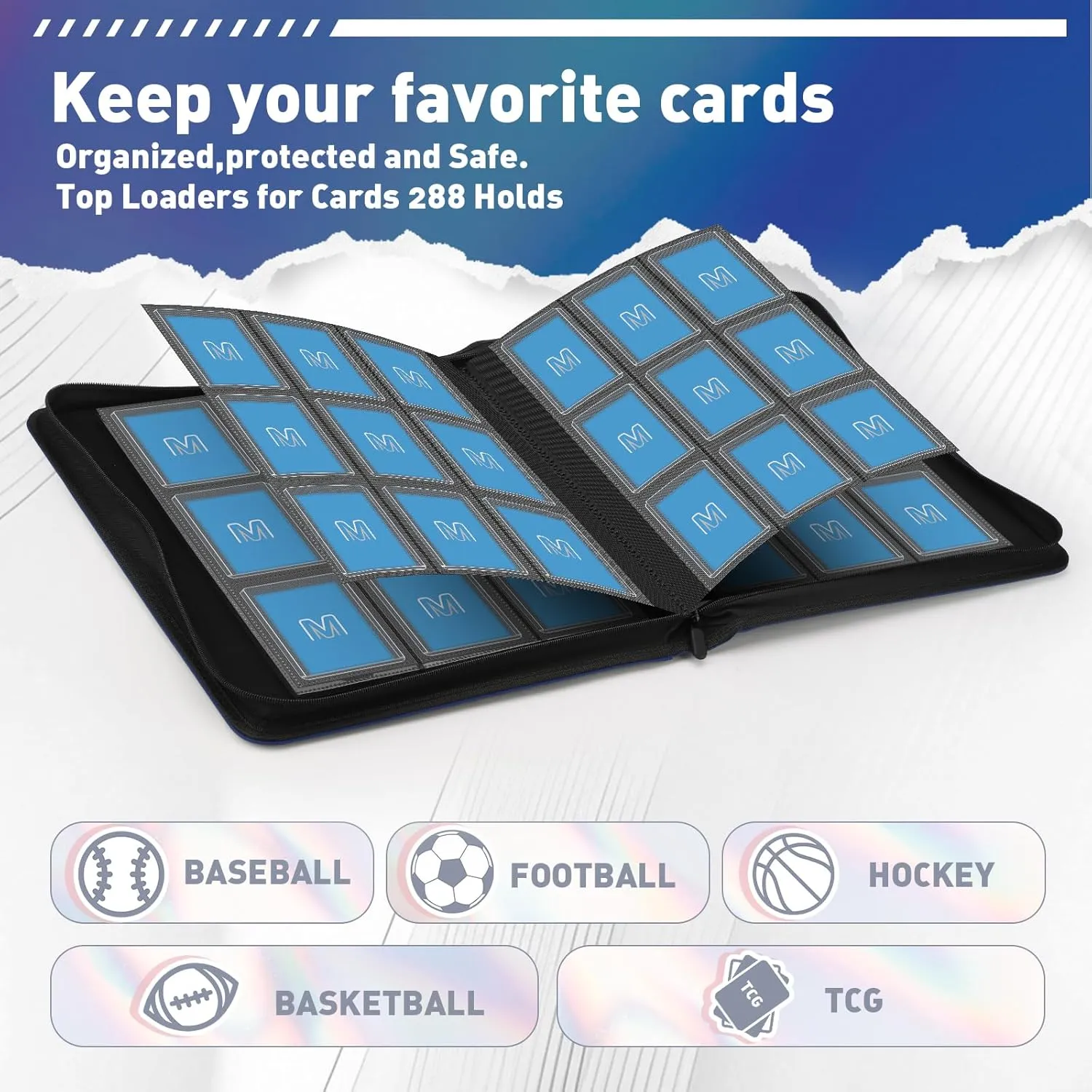 Toploader Binder,Trading Card Binder Storage Hold up 288 Cards 9-Pocket Top Loader Binder with Sleeves for 3"x4" Rigid Toploaders Hard Cases (9Navy Blue)