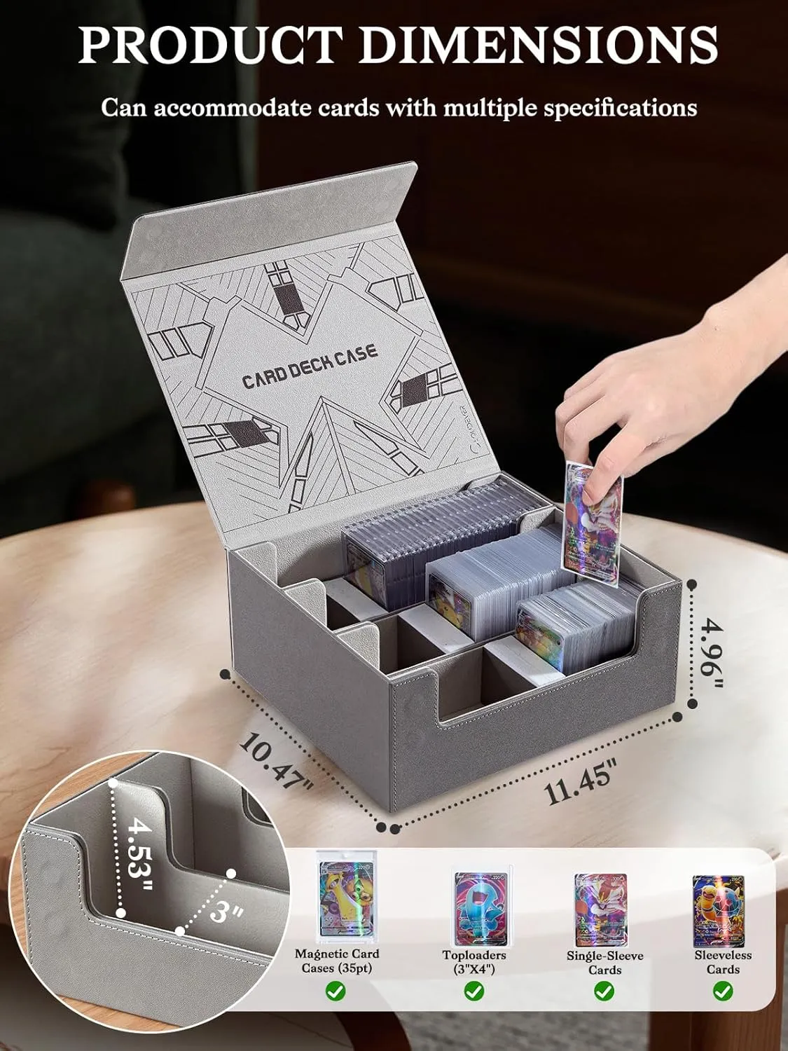 Toploader Card Storage Boxes, Magnetic Closure Trading Card Deck Box, PU Leather Card Box Storage Case for Magic Commander YugiOh TCG TGG Cards Sports Cards(New Grey)