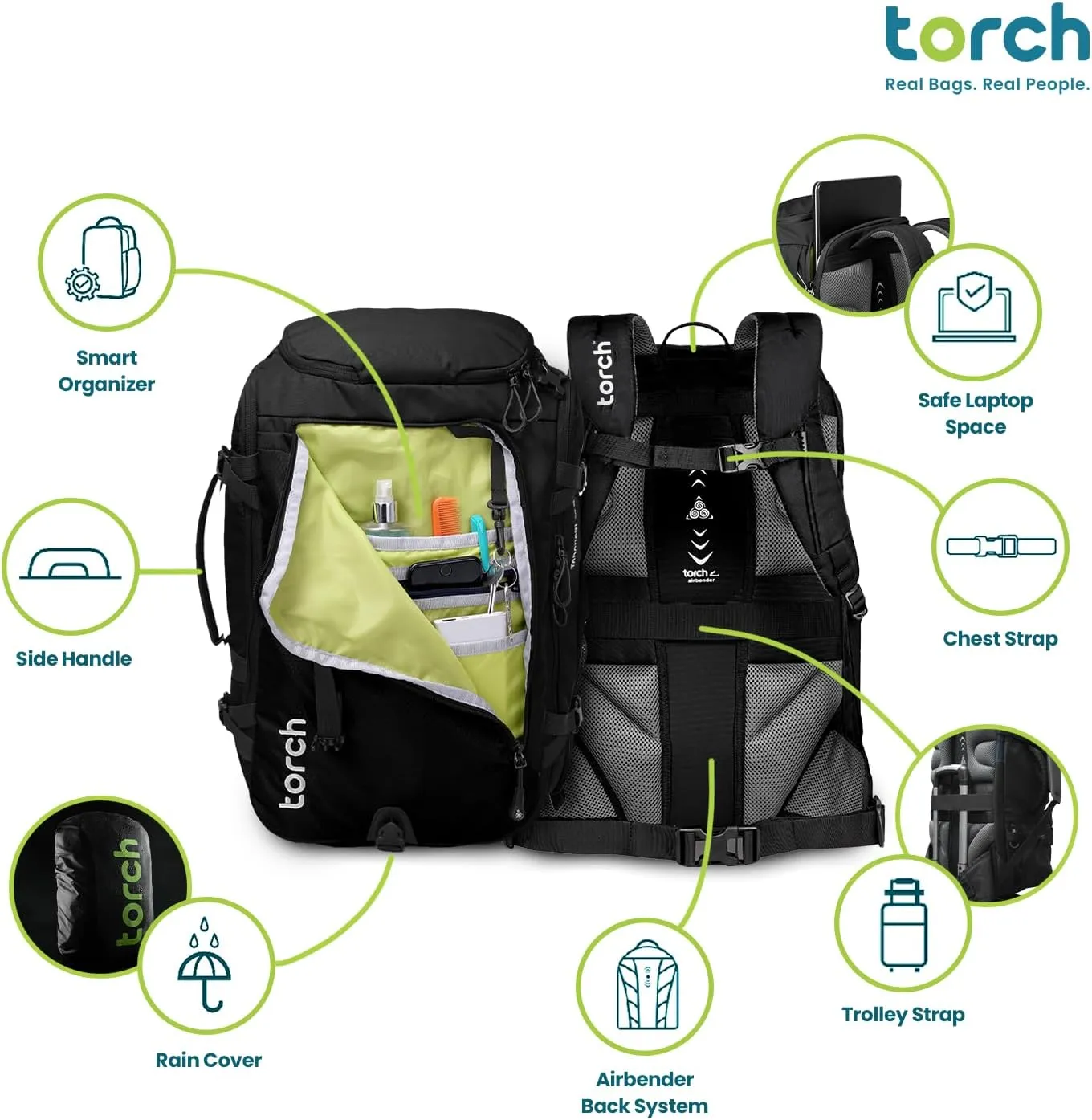 torch Travel Backpack 40L - Carry On Flight Approved Hiking Backpack with Rain Cover for Working, Camping, Outdoor - Takahagi (Black)