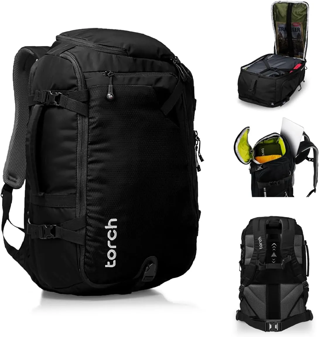 torch Travel Backpack 40L - Carry On Flight Approved Hiking Backpack with Rain Cover for Working, Camping, Outdoor - Takahagi (Black)