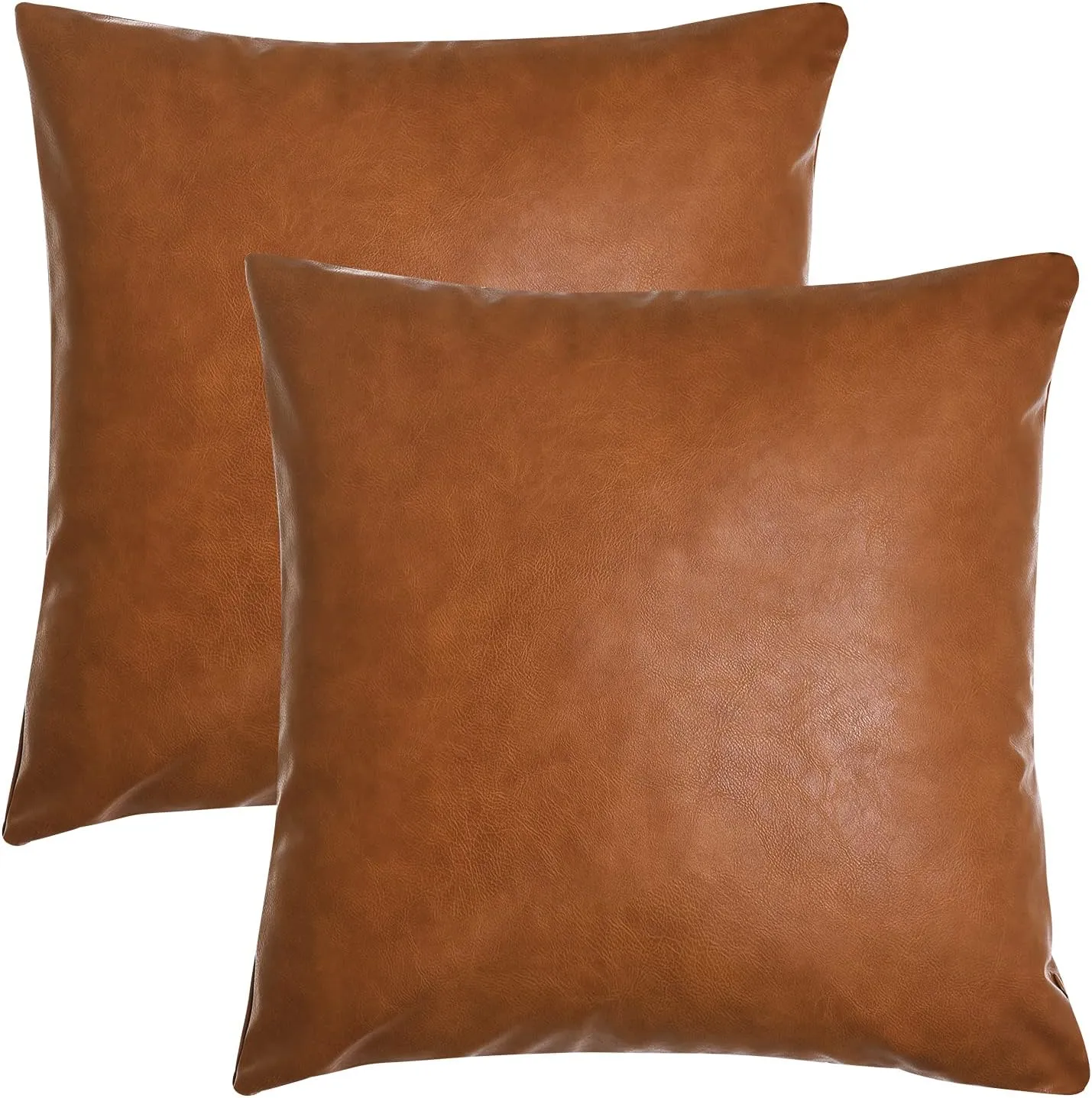 Tosewever Faux Leather Throw Pillow Covers, 16 x 16 inch Set of 2 Luxury Cognac Brown Modern Pillowcases Solid Decorative Square Cushion Cases for Bedroom Living Room Couch Bed Sofa (Brown, 16" x 16")