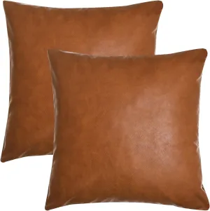 Tosewever Faux Leather Throw Pillow Covers, 16 x 16 inch Set of 2 Luxury Cognac Brown Modern Pillowcases Solid Decorative Square Cushion Cases for Bedroom Living Room Couch Bed Sofa (Brown, 16" x 16")