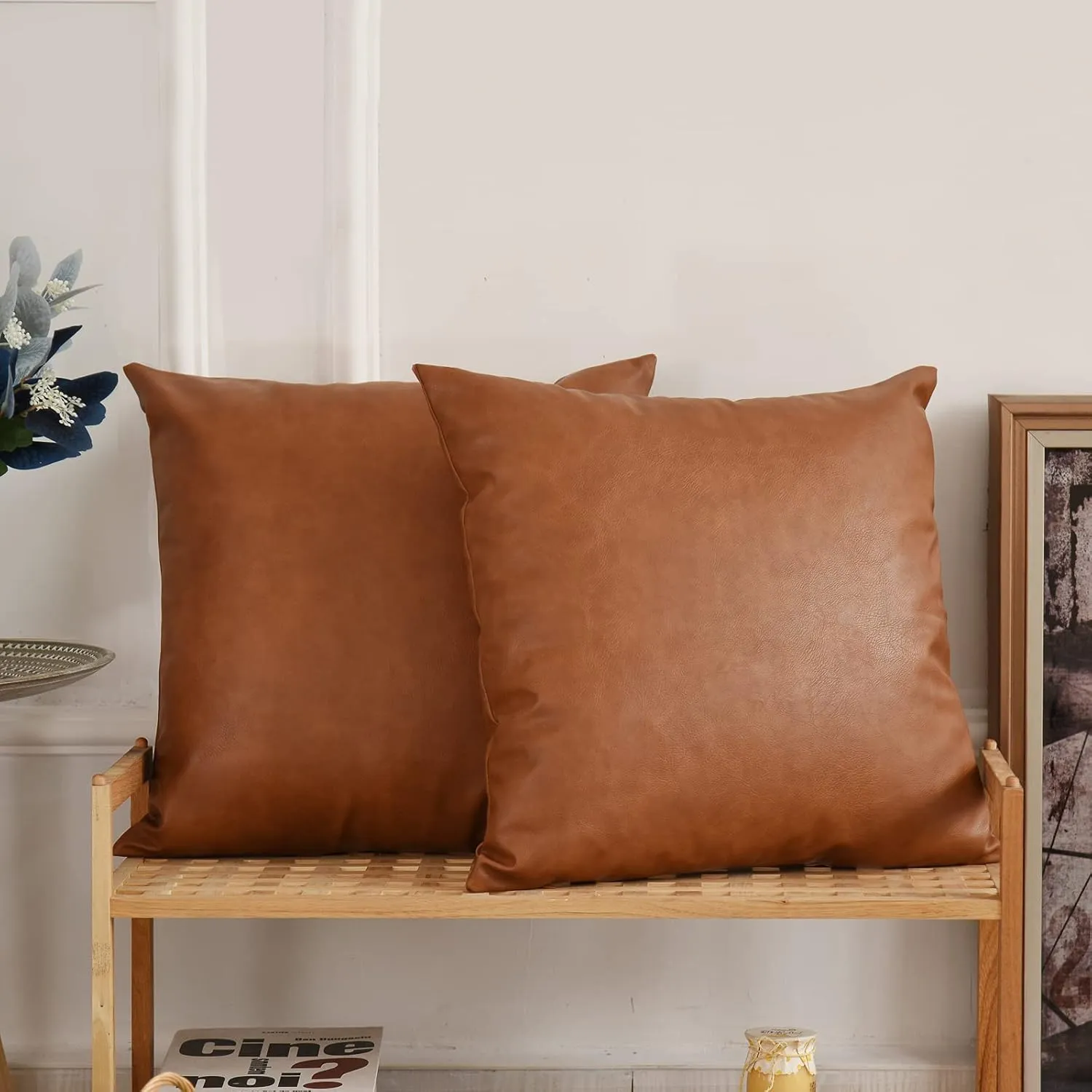 Tosewever Faux Leather Throw Pillow Covers, 16 x 16 inch Set of 2 Luxury Cognac Brown Modern Pillowcases Solid Decorative Square Cushion Cases for Bedroom Living Room Couch Bed Sofa (Brown, 16" x 16")