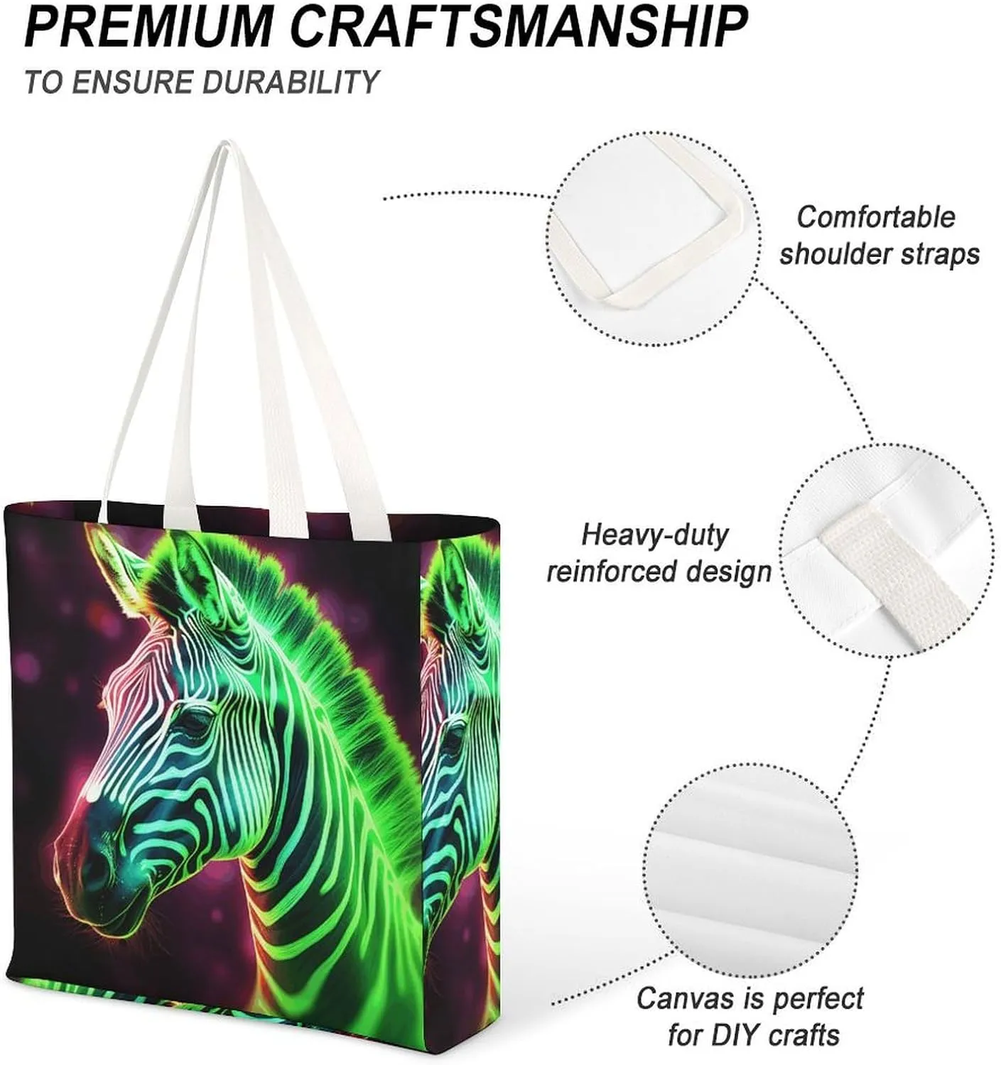 Tote Bag Laptop Handbag Glowing Zebra Grocery Bag Canvas Shoulder Bag Crossbody Bag for Travel