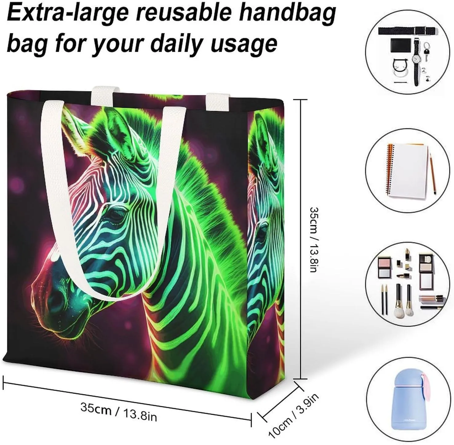 Tote Bag Laptop Handbag Glowing Zebra Grocery Bag Canvas Shoulder Bag Crossbody Bag for Travel