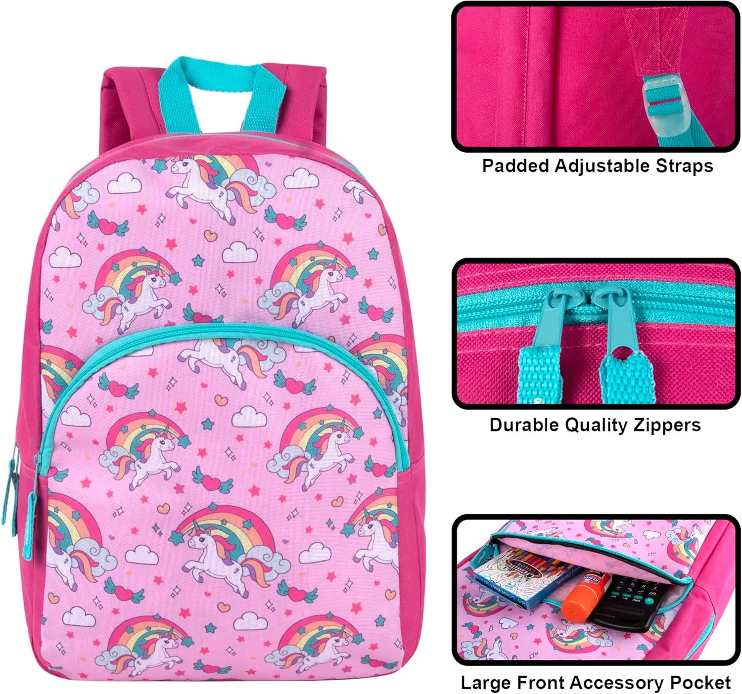 Trail maker 15 Inch Kids Backpacks for Preschool, Kindergarten, Elementary School Boys and Girls with Padded Straps (Rainbow Unicorn Magic)
