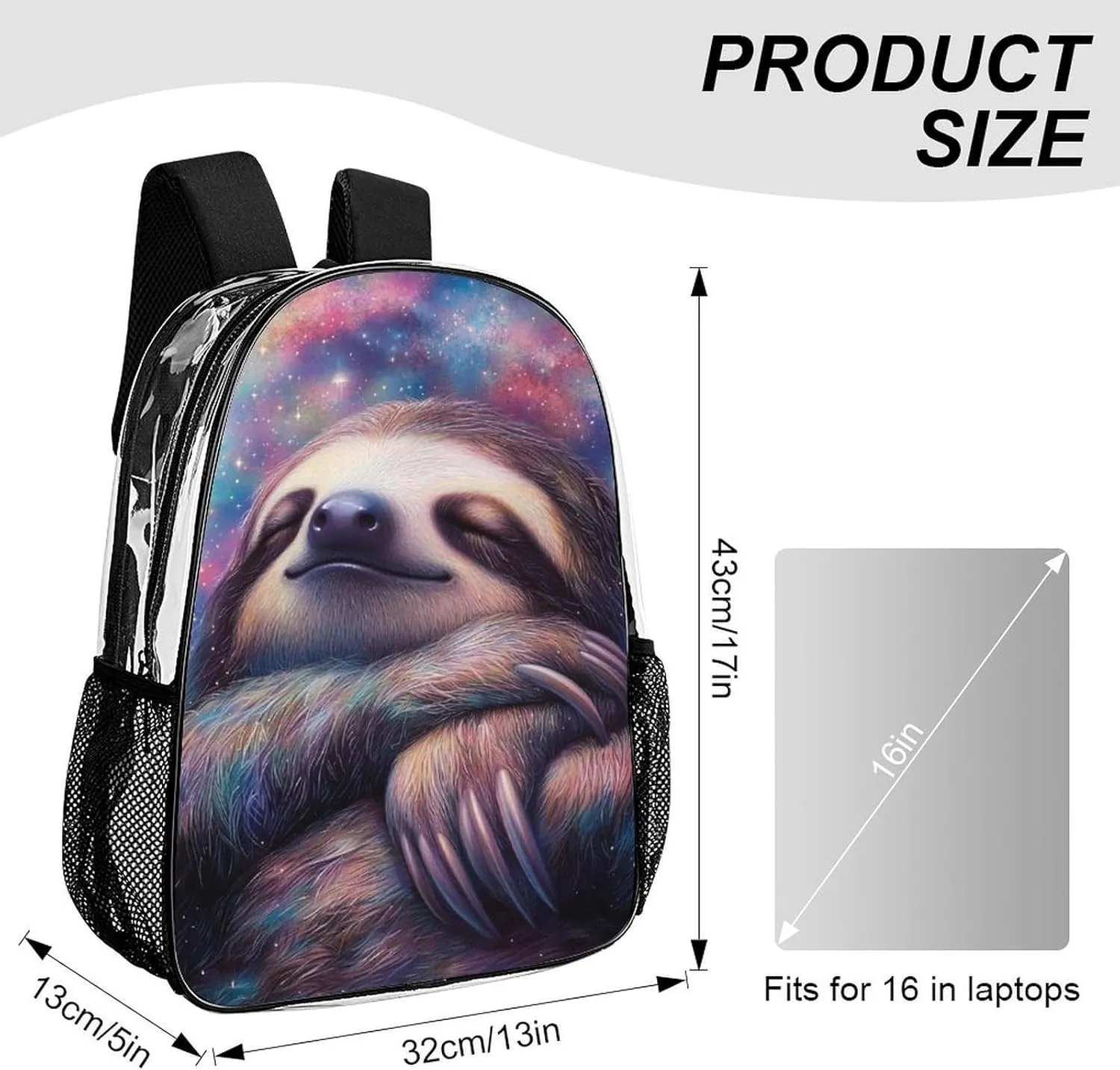Transparent Daypack Backpack for Sports Travel Running - Big Capacity Anti-Theft Multipurpose Carry On Bag, Blue Nebula Sloth Laptop Book Bag Rucksack