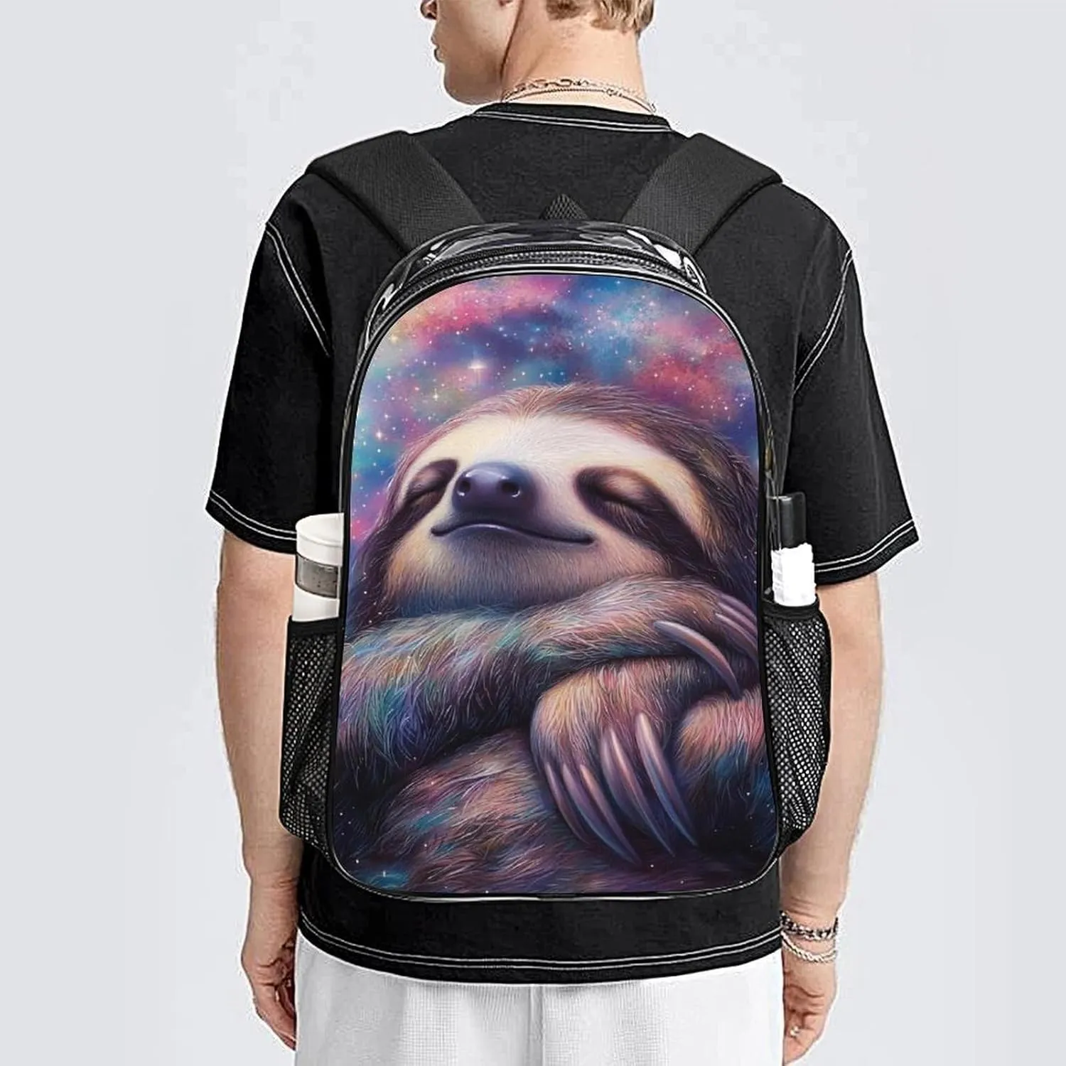 Transparent Daypack Backpack for Sports Travel Running - Big Capacity Anti-Theft Multipurpose Carry On Bag, Blue Nebula Sloth Laptop Book Bag Rucksack