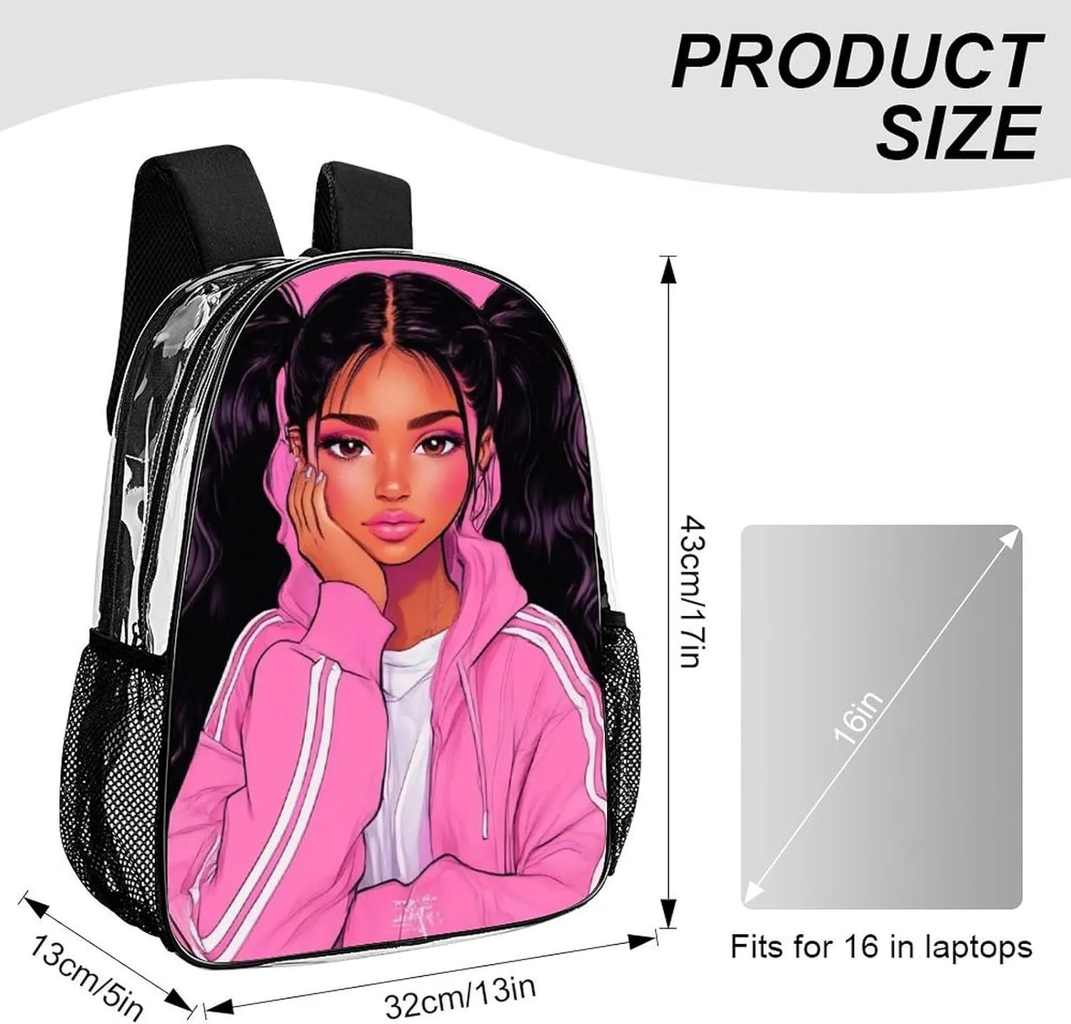 Transparent Daypack Backpack for Trekking Picnic Walking Cycling - Large Capacity Anti-Theft Multipurpose Shoulder Bag, African American Black Woman woman Art Casual Daypack