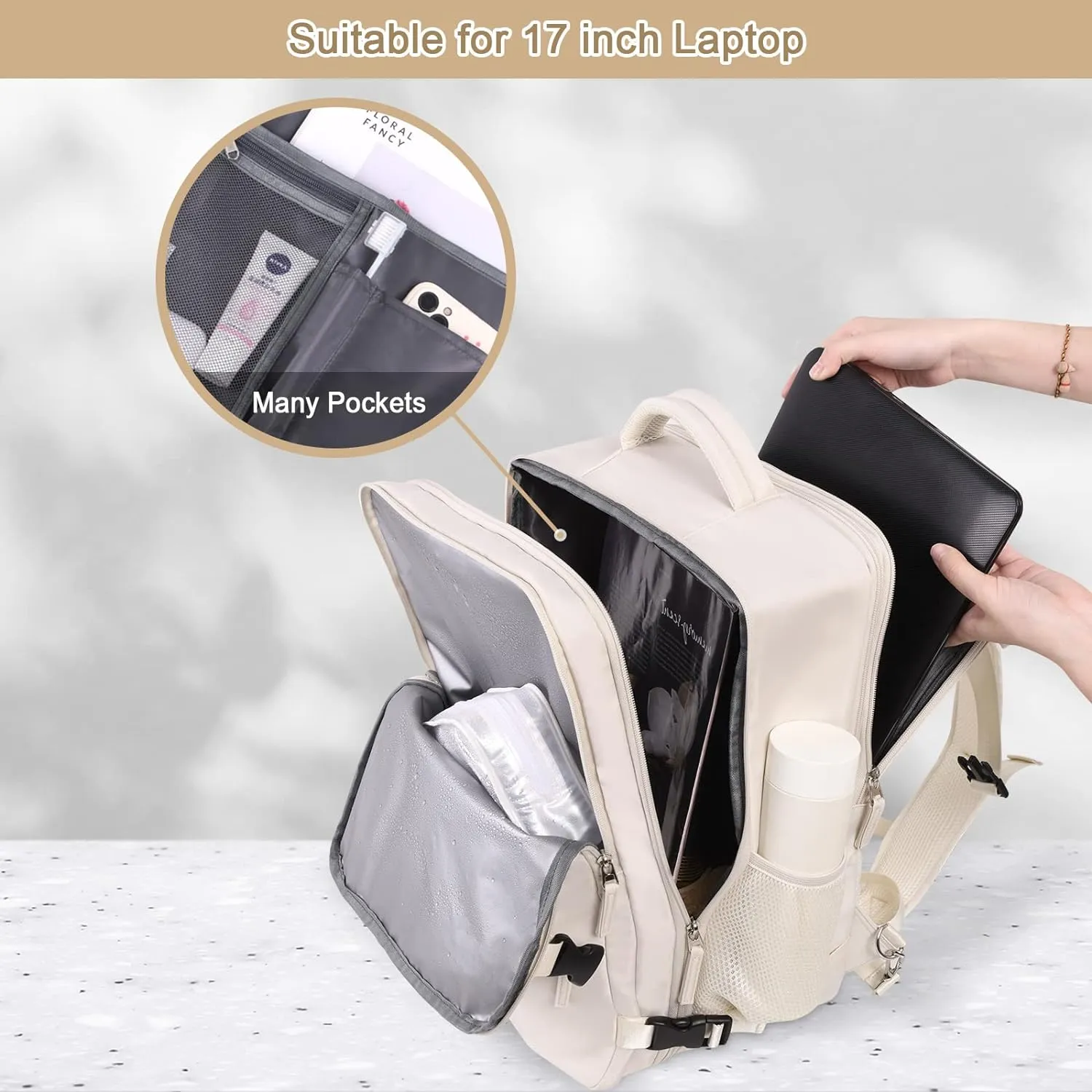 Travel Backpack for Women, Expandable 40L Carry on Flight Approved Backpack, 17 Inch Laptop Waterproof Travel Bag for College, Travel, Work, Beige