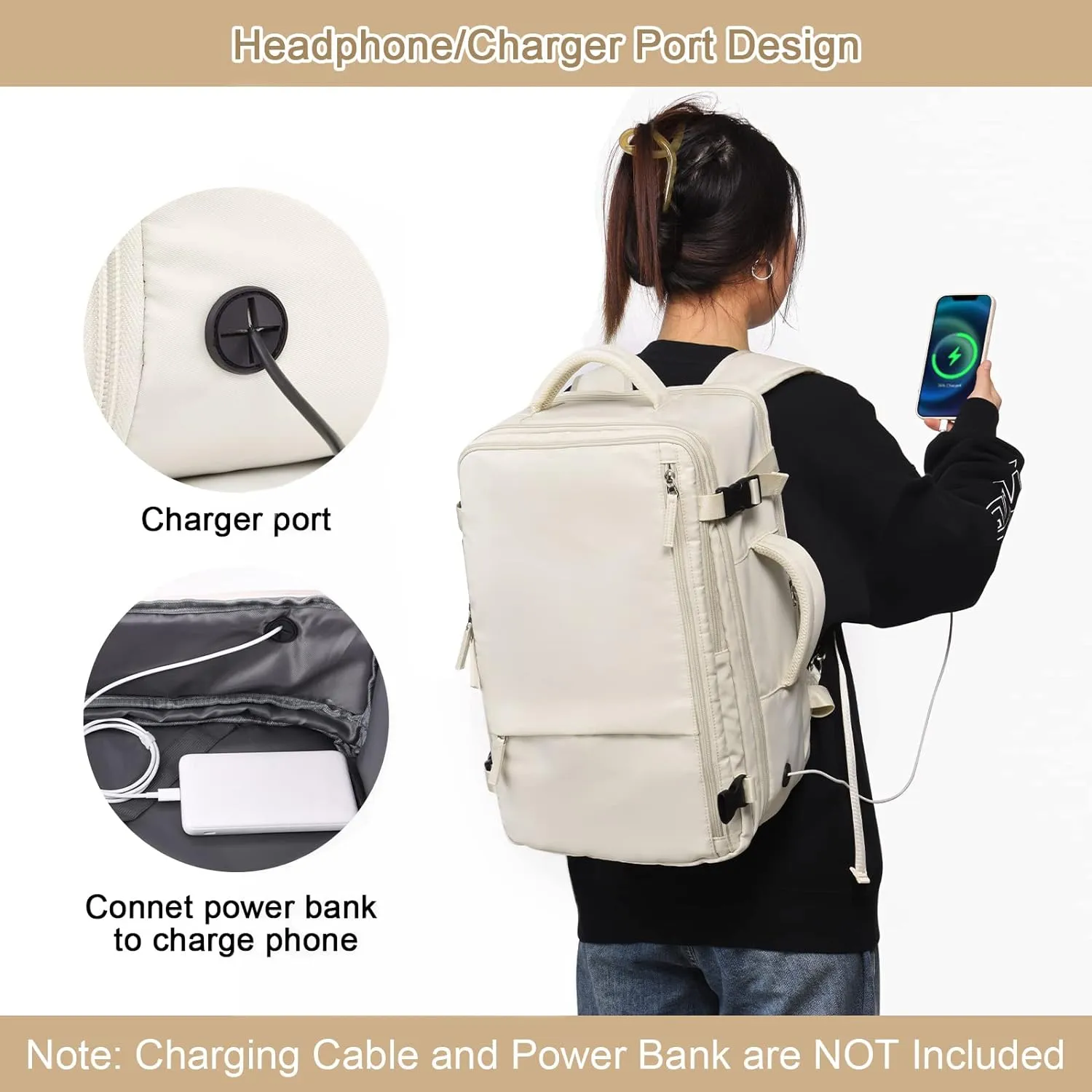 Travel Backpack for Women, Expandable 40L Carry on Flight Approved Backpack, 17 Inch Laptop Waterproof Travel Bag for College, Travel, Work, Beige