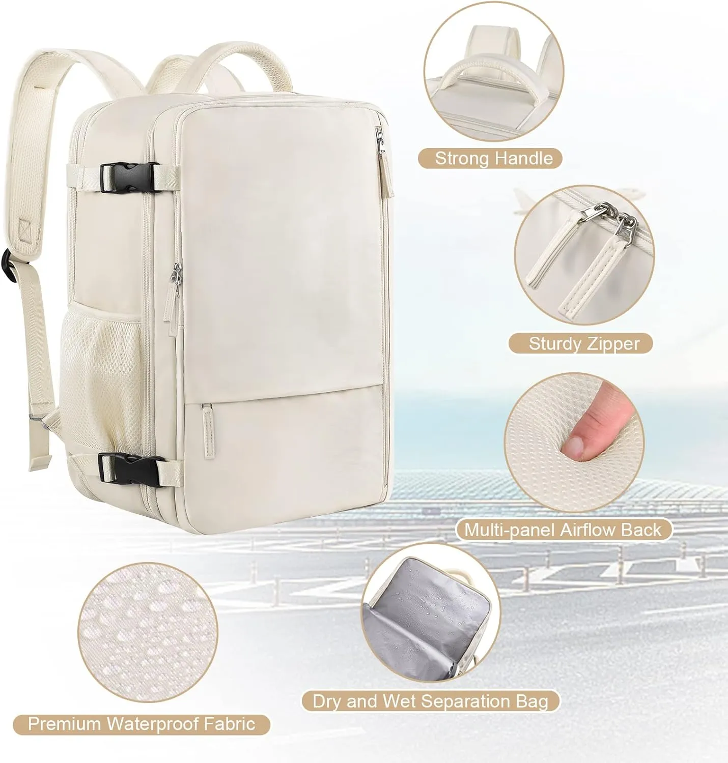 Travel Backpack for Women, Expandable 40L Carry on Flight Approved Backpack, 17 Inch Laptop Waterproof Travel Bag for College, Travel, Work, Beige