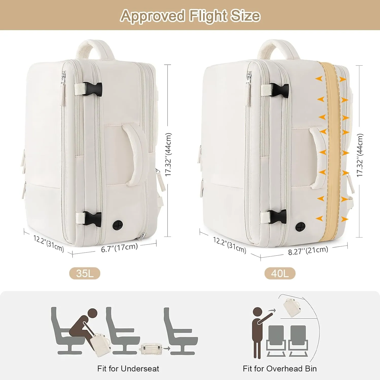 Travel Backpack for Women, Expandable 40L Carry on Flight Approved Backpack, 17 Inch Laptop Waterproof Travel Bag for College, Travel, Work, Beige