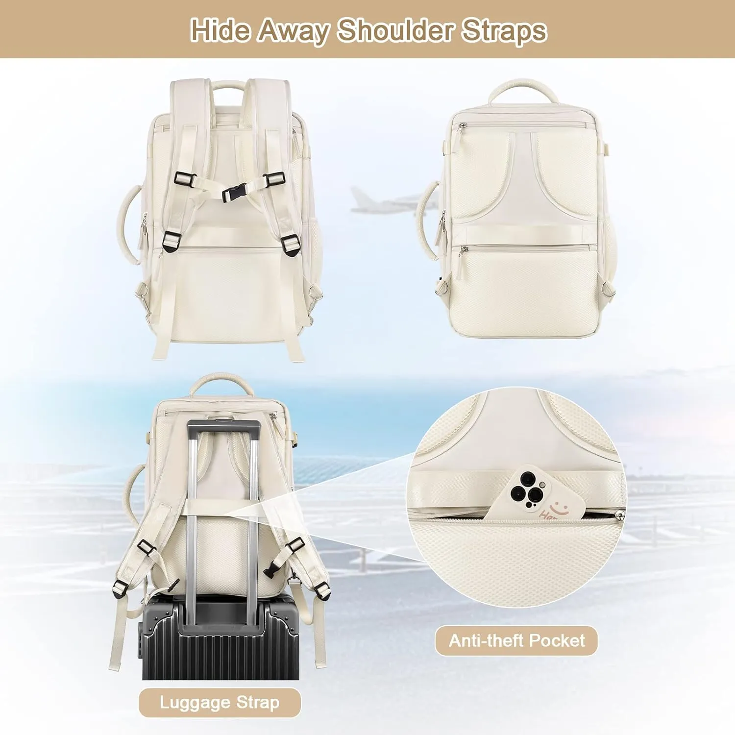 Travel Backpack for Women, Expandable 40L Carry on Flight Approved Backpack, 17 Inch Laptop Waterproof Travel Bag for College, Travel, Work, Beige