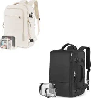 Travel Backpack for Women Men, 40L Carry on Flight Approved Backpack, Beige & Black