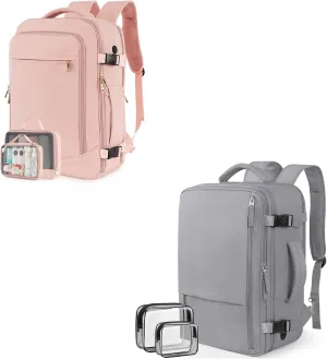 Travel Backpack for Women Men, 40L Carry on Flight Approved Backpack, Pink & Grey