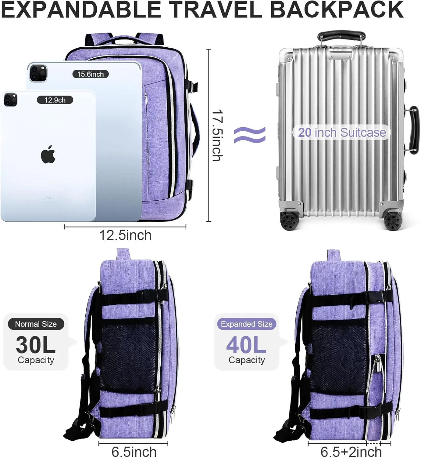 Travel Carry On 17.5" Laptop Expandable Backpack for Men Women, Personal Item Bag Waterproof Airline Approved with USB Charging Hole 3 Packing Cubes, Large Weekender Daypack Business Luggage Suitcase