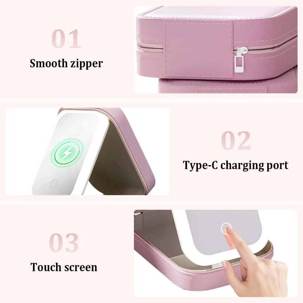 Travel Makeup Mirror, 2025 New Mini Makeup Mirror Case with Led Lights, Portable Compartment Makeup Organizer, Multipurpose Small Travel Jewelry Cases (White)