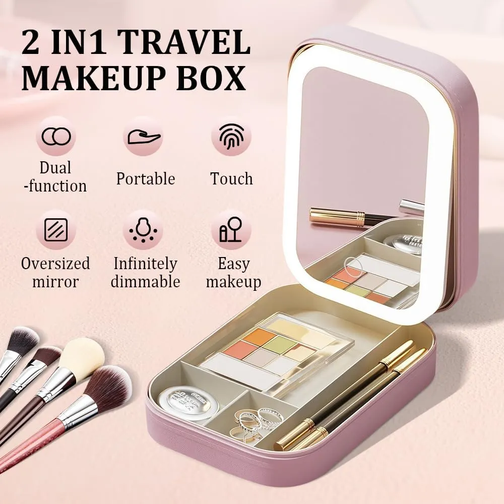 Travel Makeup Mirror, 2025 New Mini Makeup Mirror Case with Led Lights, Portable Compartment Makeup Organizer, Multipurpose Small Travel Jewelry Cases (White)