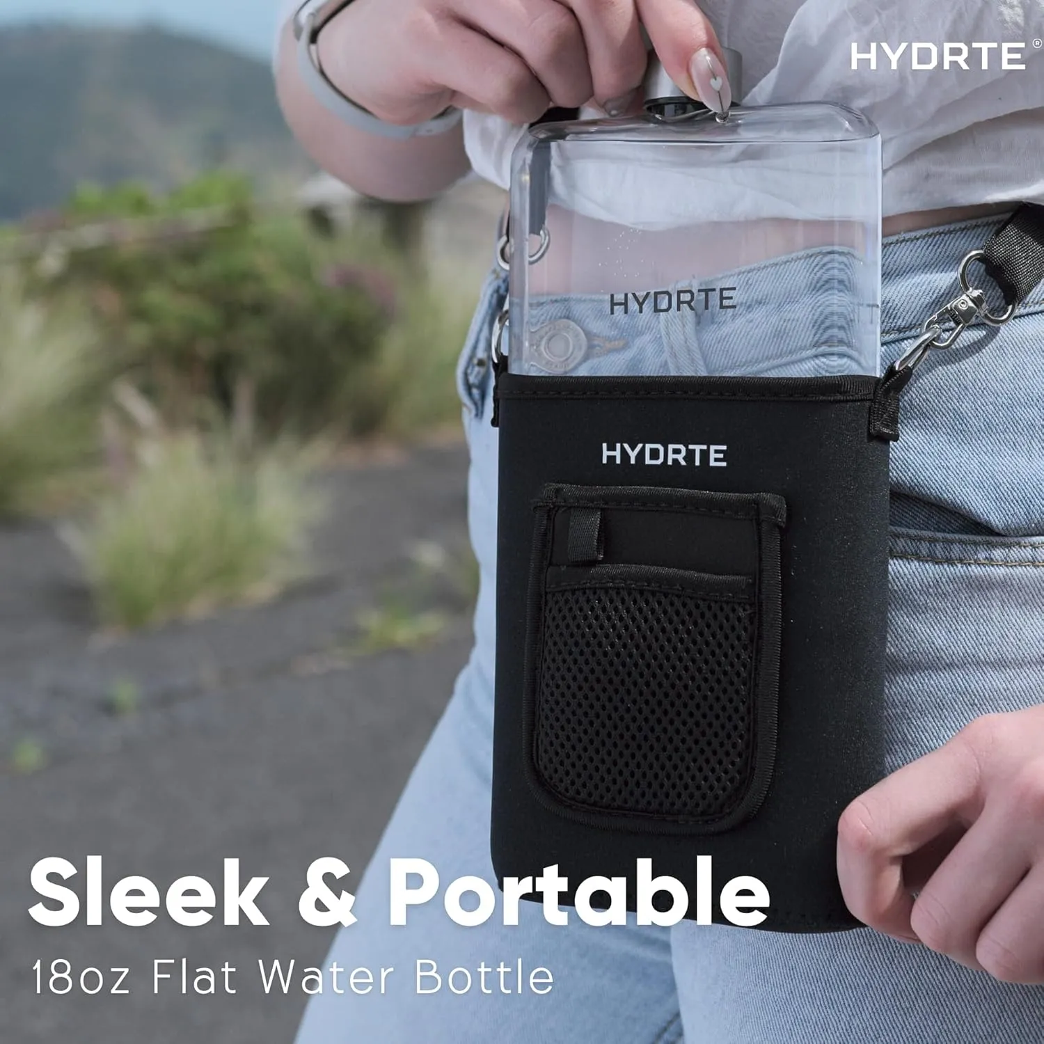 Travel Water Bottle | Flat With Strap | Leak Proof Slim for Travel | BPA Free Flask | Ultimate Square With Sleeve 18 oz (Nero Black)