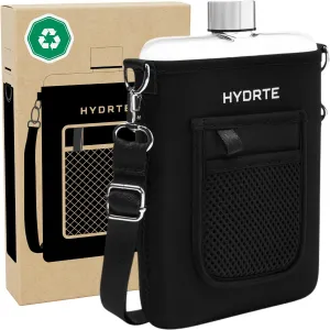 Travel Water Bottle | Flat With Strap | Leak Proof Slim for Travel | BPA Free Flask | Ultimate Square With Sleeve 18 oz (Nero Black)