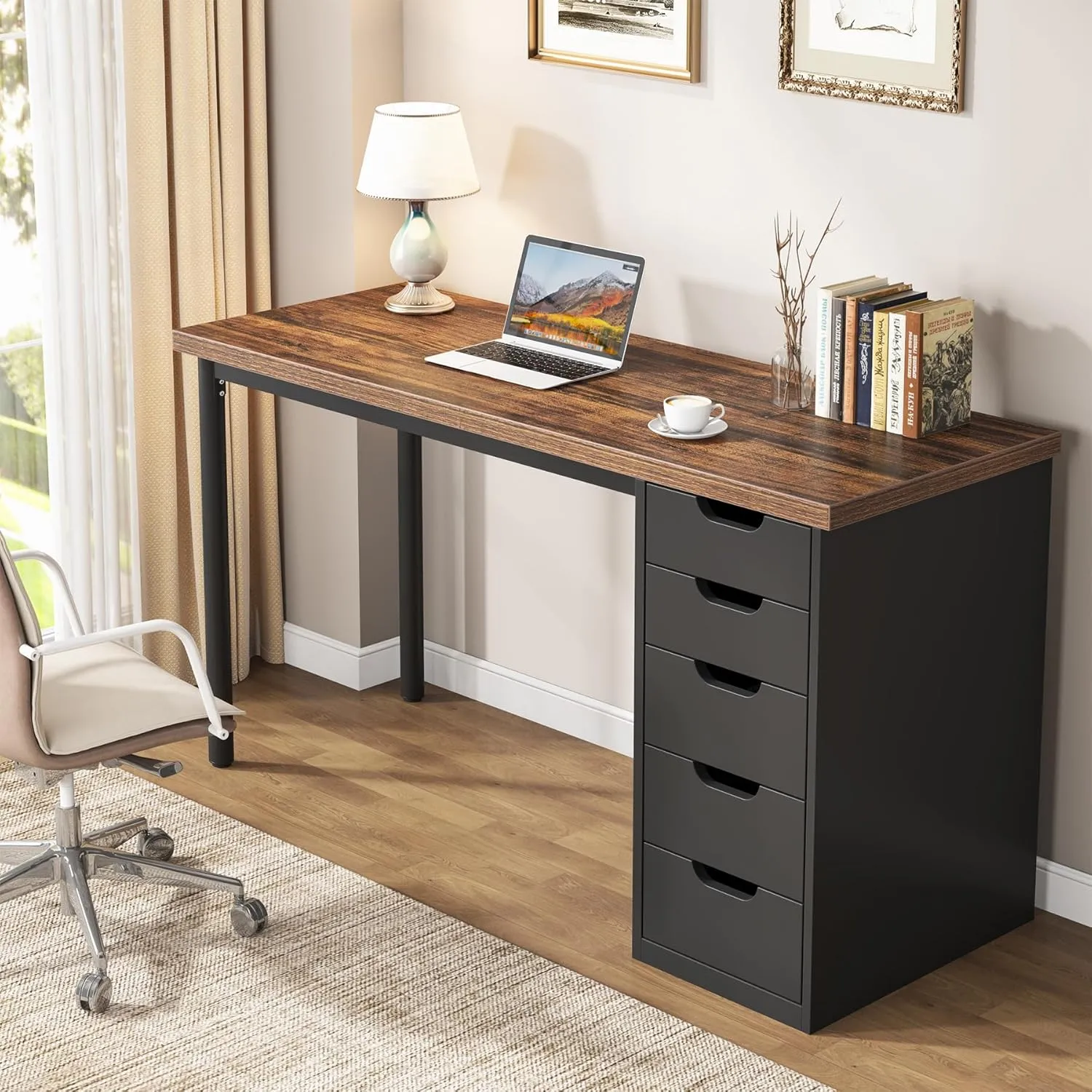 Tribesigns Computer Desk with 5 Drawers, 47 inches Rustic Brown Home Office Desk with Storage, Modern Simple Laptop Desk Study Writing Table for Small Spaces (1, Brown Black)