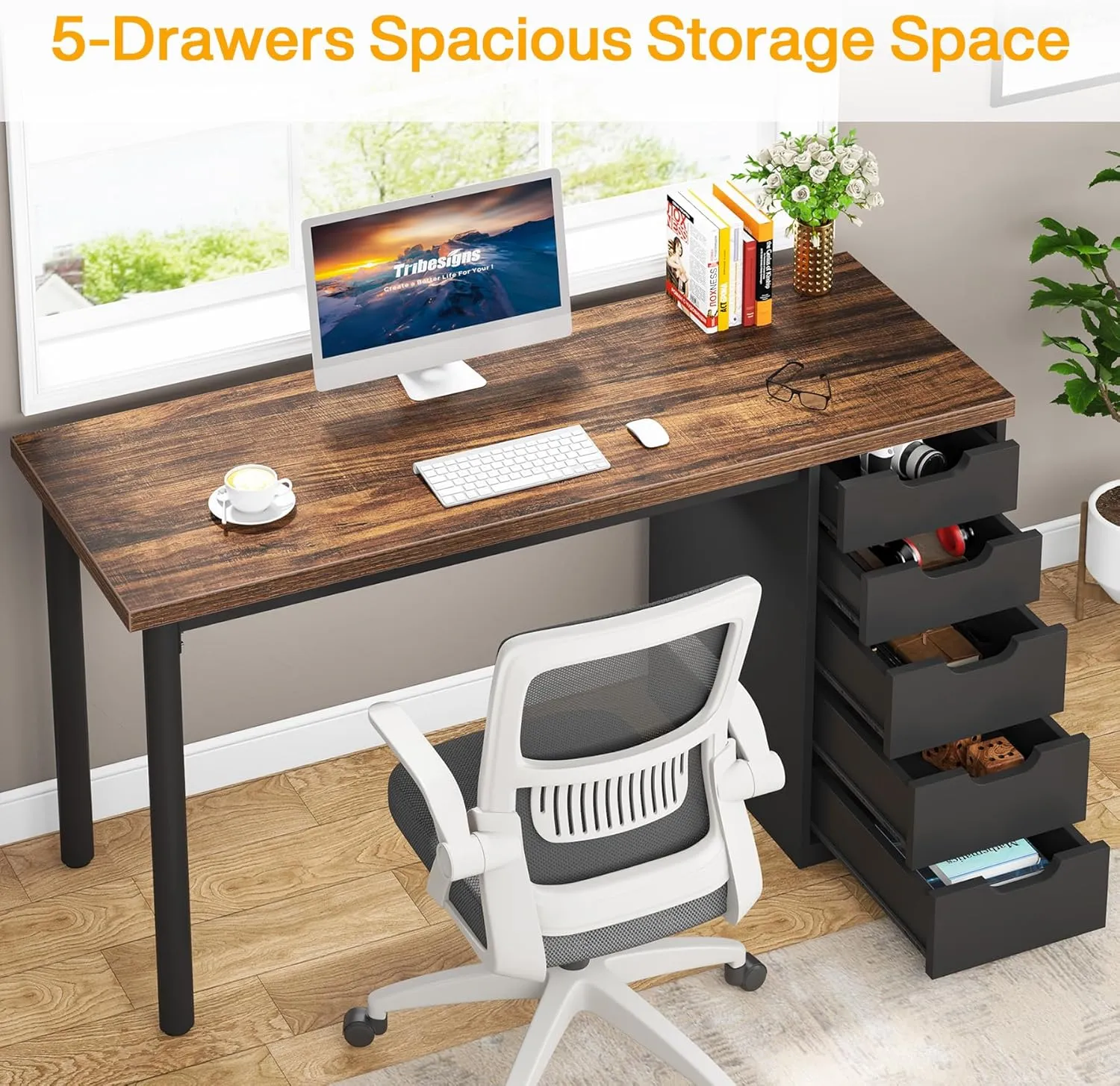 Tribesigns Computer Desk with 5 Drawers, 47 inches Rustic Brown Home Office Desk with Storage, Modern Simple Laptop Desk Study Writing Table for Small Spaces (1, Brown Black)