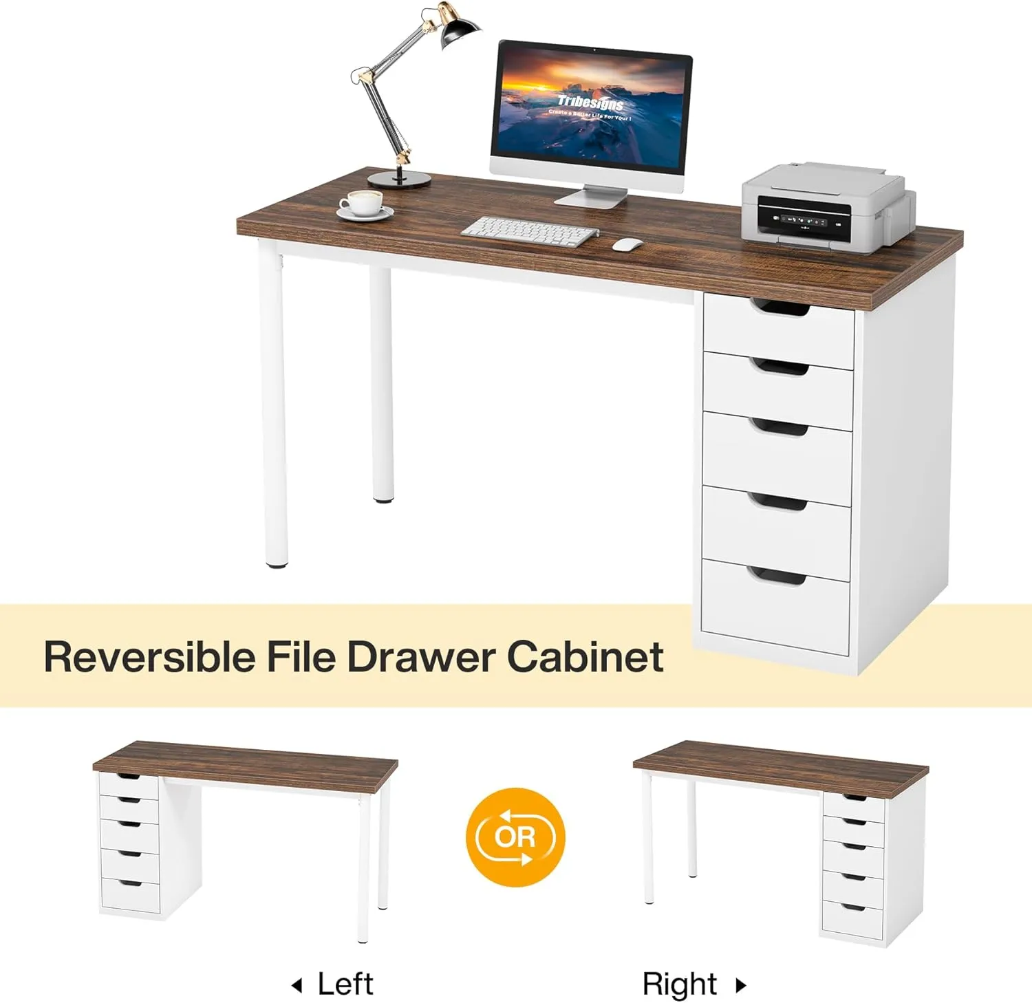Tribesigns Computer Desk with 5 Drawers, 47 inches Rustic Brown Home Office Desk with Storage, Modern Simple Laptop Desk Study Writing Table for Small Spaces (Reversible Drawer Cabinet)