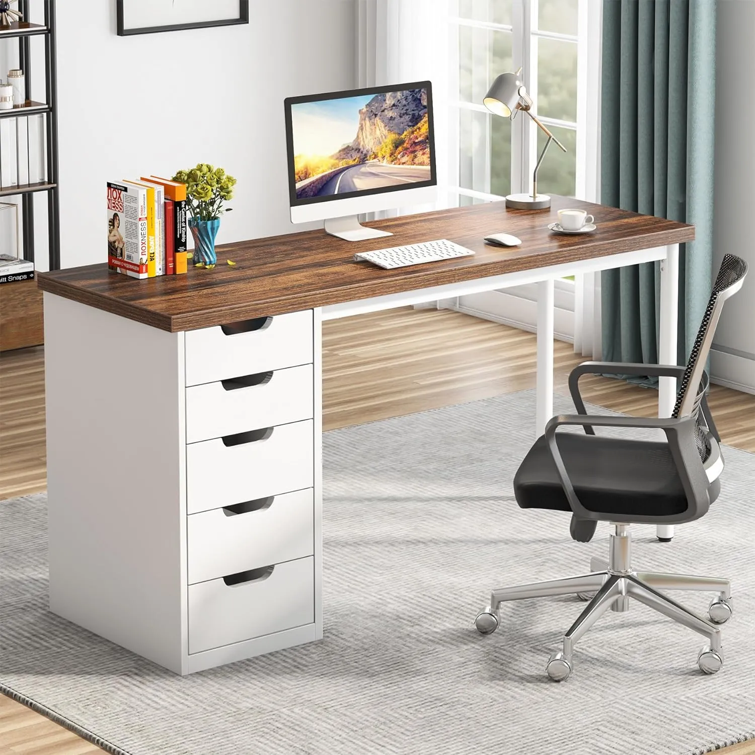 Tribesigns Computer Desk with 5 Drawers, 47 inches Rustic Brown Home Office Desk with Storage, Modern Simple Laptop Desk Study Writing Table for Small Spaces (Reversible Drawer Cabinet)