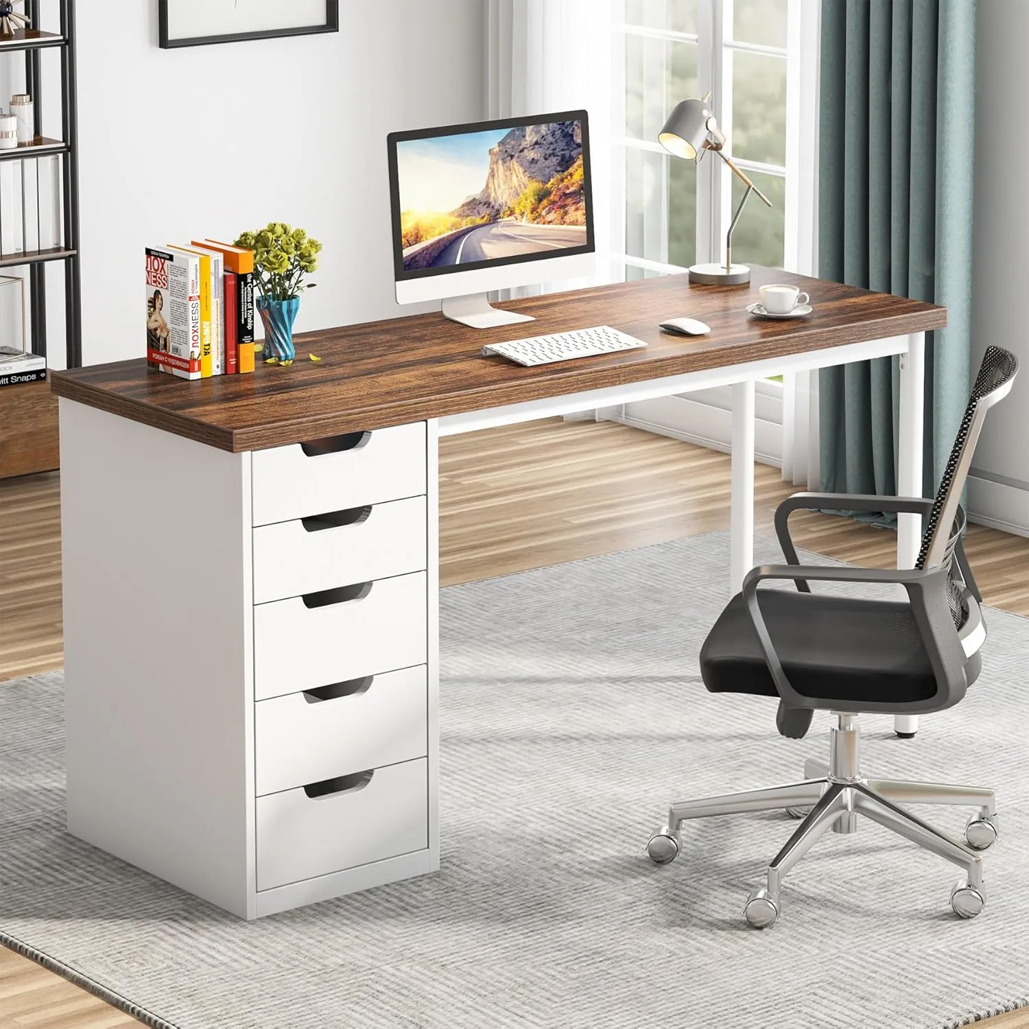 Tribesigns Computer Desk with 5 Drawers, 47 inches Rustic Brown Home Office Desk with Storage, Modern Simple Laptop Desk Study Writing Table for Small Spaces (Reversible Drawer Cabinet)