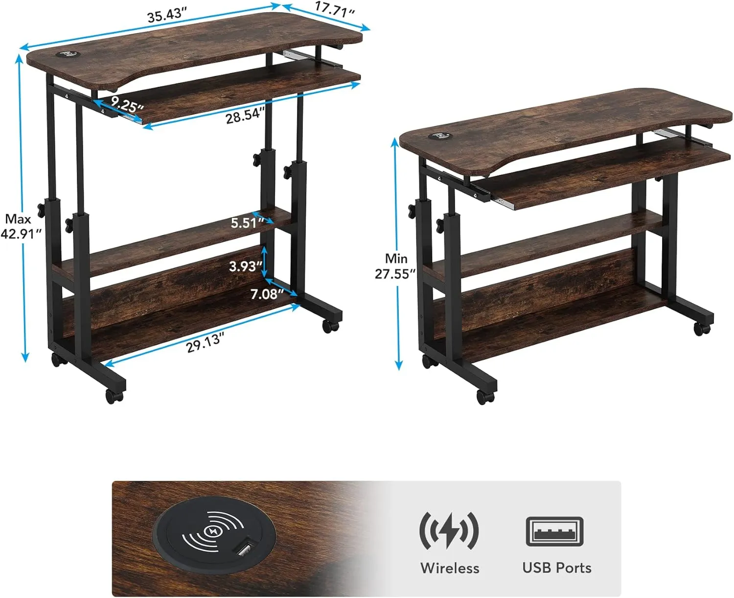 Tribesigns Portable Desk with Power Outlets, Height Adjustable Side Table Sofa Couch Bedside Laptop Computer Cart with USB Charging Ports, Mobile Small Standing Desk with Keyboard Tray