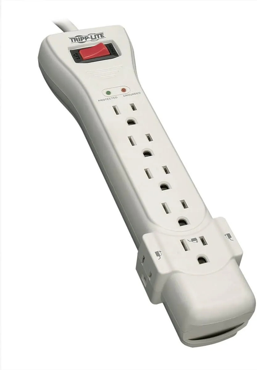 Tripp Lite 2 Outlet Portable Surge Protector Power Strip, Tel/Ethernet Protection, TRAVELER100BT & 7 Outlet Surge Protector Power Strip, 2160 Joules & $75, 000 Insurance (SUPER7) Ivory