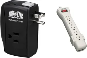 Tripp Lite 2 Outlet Portable Surge Protector Power Strip, Tel/Ethernet Protection, TRAVELER100BT & 7 Outlet Surge Protector Power Strip, 2160 Joules & $75, 000 Insurance (SUPER7) Ivory
