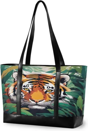 Tropical Jungle Tigers Tote Bag with Zipper Work Shoulder Handbag with Compartments Canvas Tote Purse for Travel Women