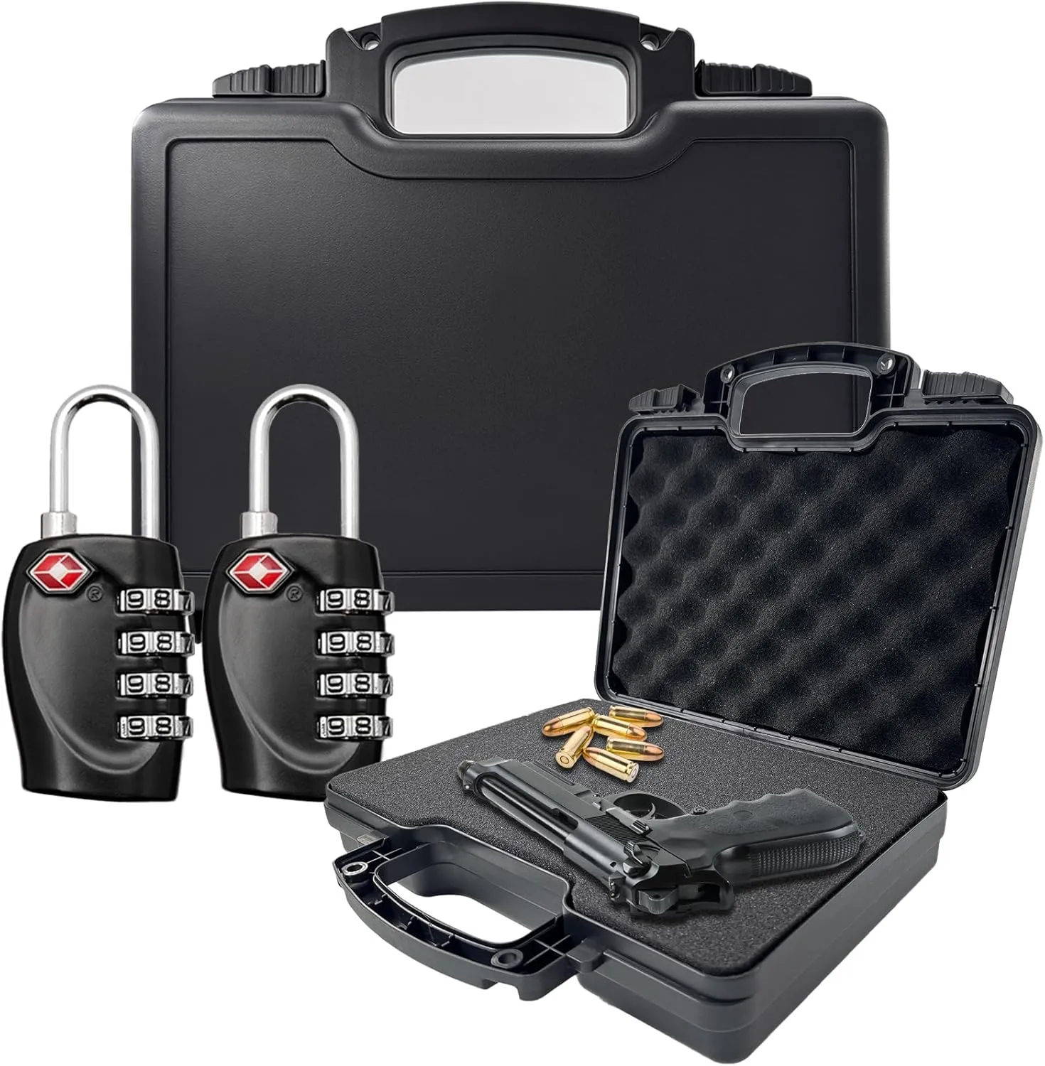 TSA Approved Gun Case for Air Travel with Locks-Handgun Case Lockable ‎12.8 x 10 x 3.2 Inches, Water-Resistant Gun Carrying Case for Pistol, Plastic Hard Case with Foam‎