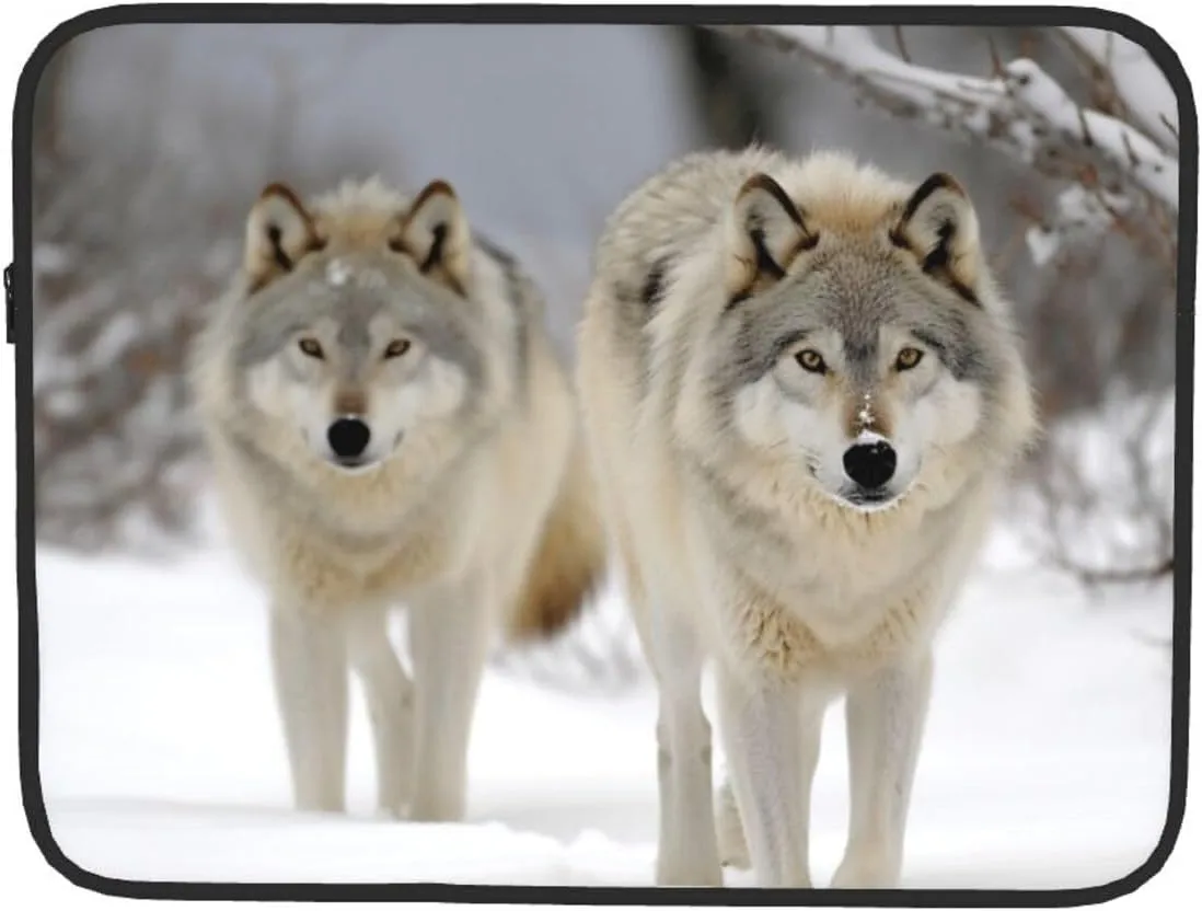 Two Wolves Walking in The Snow Laptop Case 15 inch, Shockproof Protective Computer Sleeve Cover Water Resistant Laptop Bag Carrying Tablet Cover Briefcase Handbags Gifts for Men Women