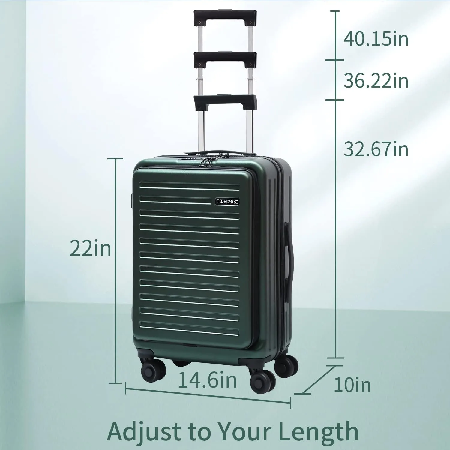 TydeCkare 20" Carry On Luggage with Front Pocket, 22x14.6x10in, 45L, Lightweight ABS PC Hardshell Suitcase with TSA Lock, YKK Zipper & 4 Spinner Silent Wheels, Dark Green