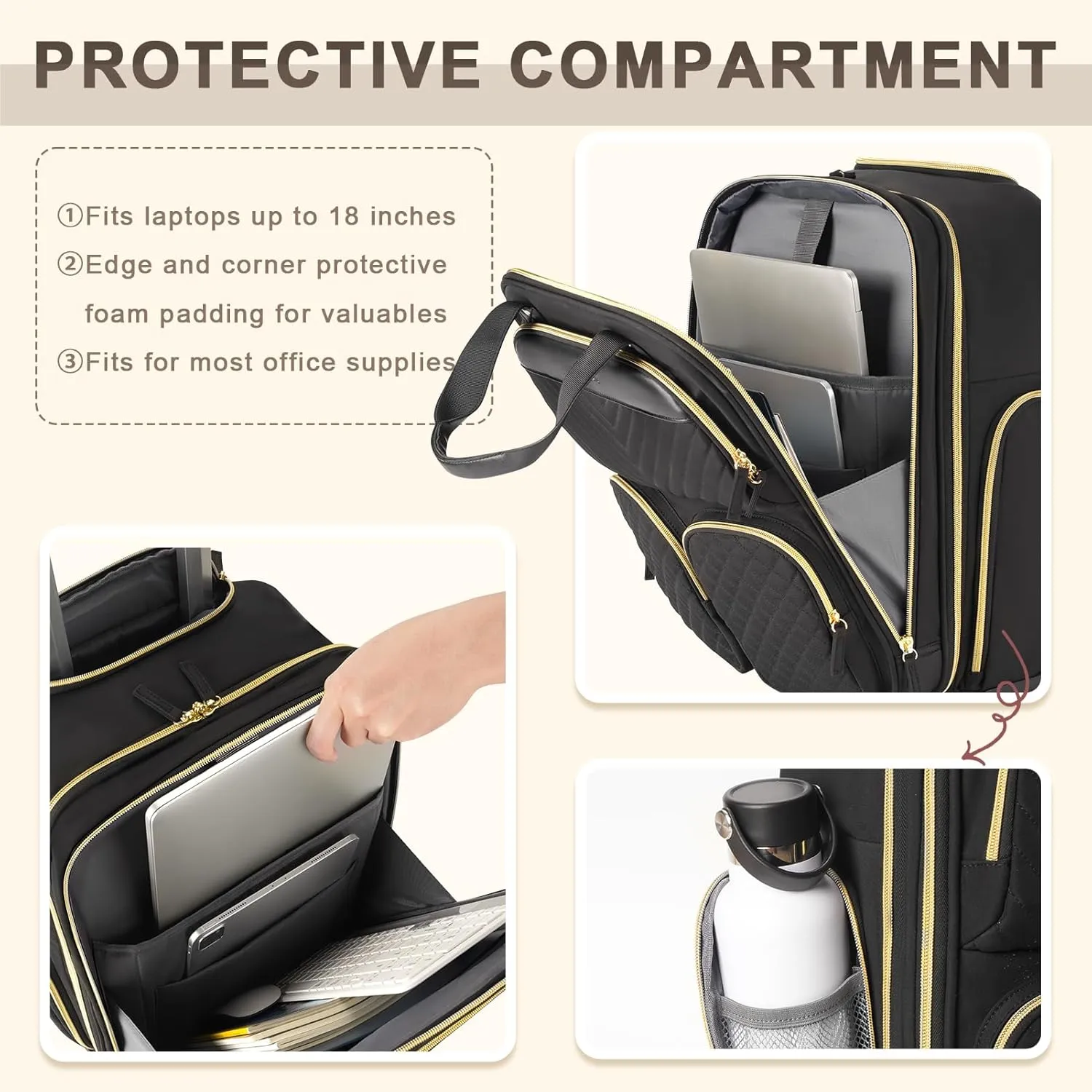 Underseat Carry On Luggage with Wheels, Multiple Compartments Airline Approved Personal Item Bag, Travel Carry-On with Leather Handle, Lightweight Rolling Suitcase for Women, Black Gold, L