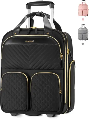 Underseat Carry On Luggage with Wheels, Multiple Compartments Airline Approved Personal Item Bag, Travel Carry-On with Leather Handle, Lightweight Rolling Suitcase for Women, Black Gold, L