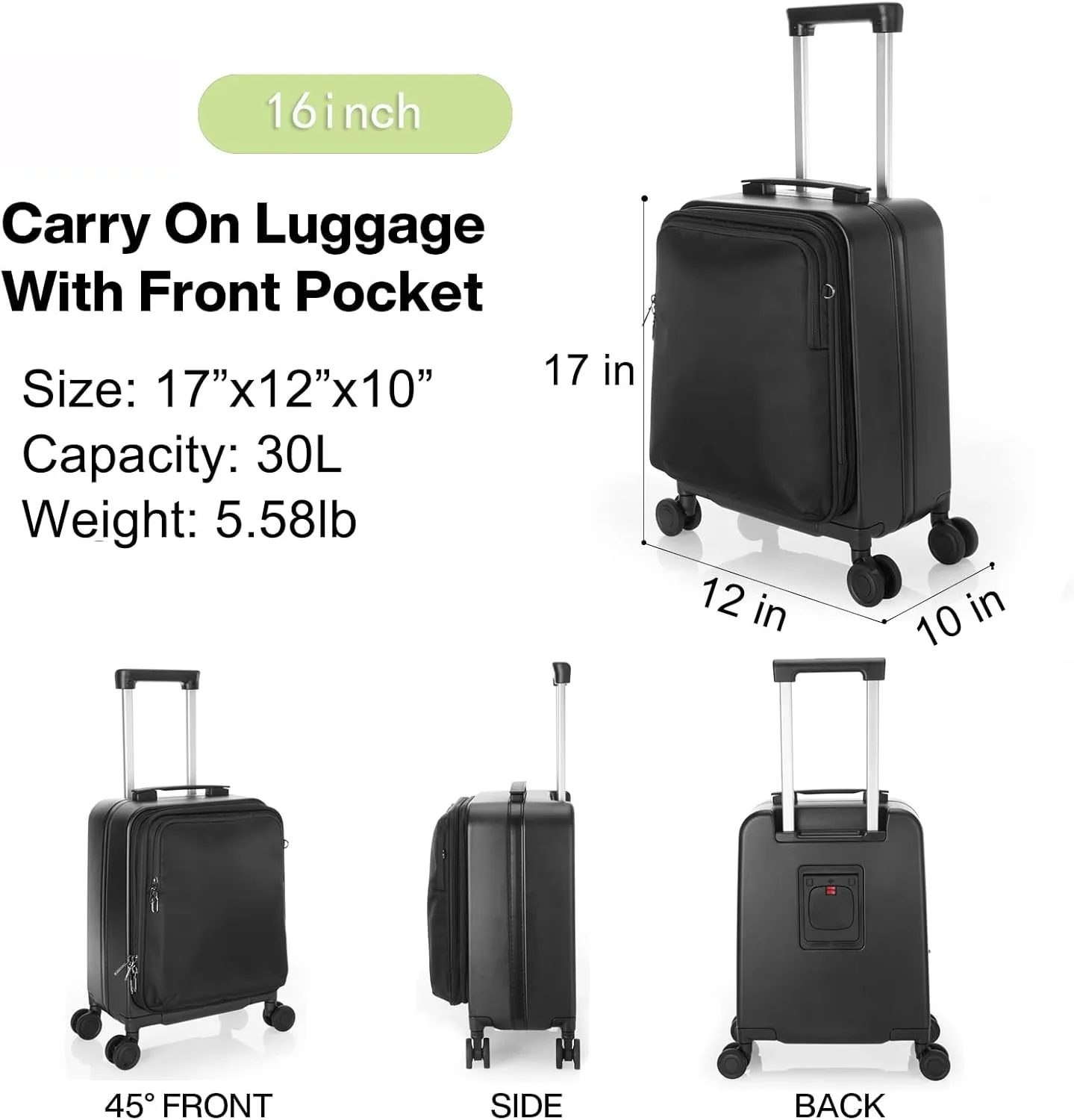 UNIKER Laptop Briefcase with Cup Holder,Small Rolling Suitcase for Work,Carry On Luggage 17x12x10,16 Inch Suitcases with 4 Spinner Wheels,Rolling Teacher Bag Black