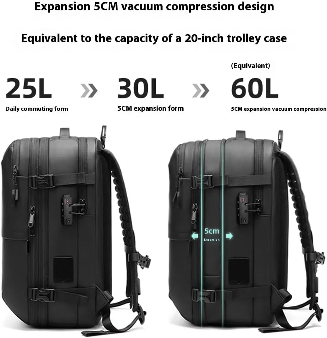 Unisex Vacuum Compression Travel Backpack with Pump – Expandable up to 7.8″ Depth, Anti-Theft TSA Lock & Waterproof Durability, Fits Under Seat & 17″ Laptop – 2X Packing Capacity
