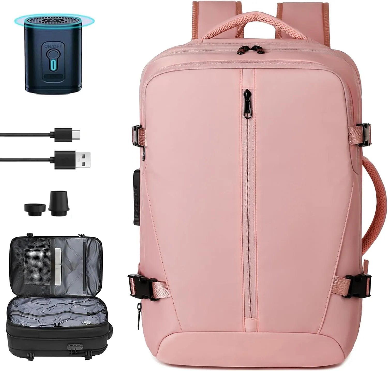 Vacuum Backpack Travel with Pump 50L Expandable Airback Backpack Water Resistant with TSA Lock for Women & Men (Pink)