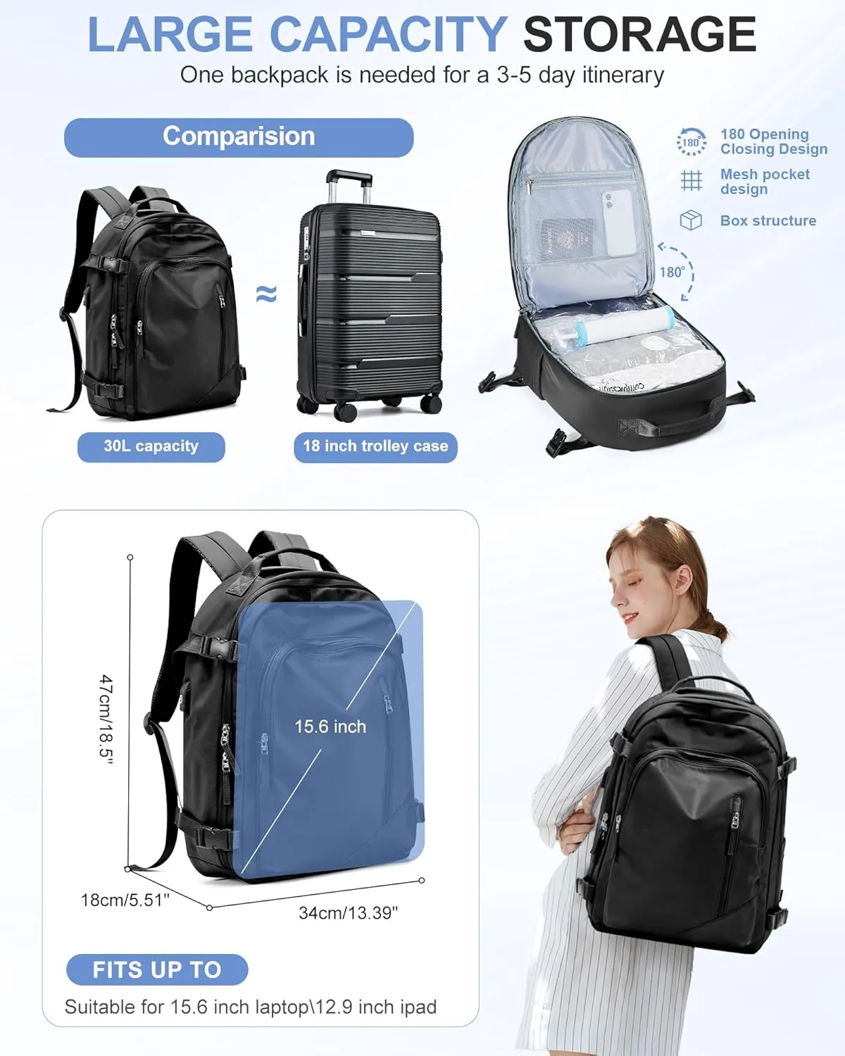 Vacuum Backpack Travel with Pump & Separate Seal Compression Bag, Waterproof Carry on Suitcase Luggage Flight Approved for Men Women, Anti-theft Laptop Daypack for Work Trip Gym, Black