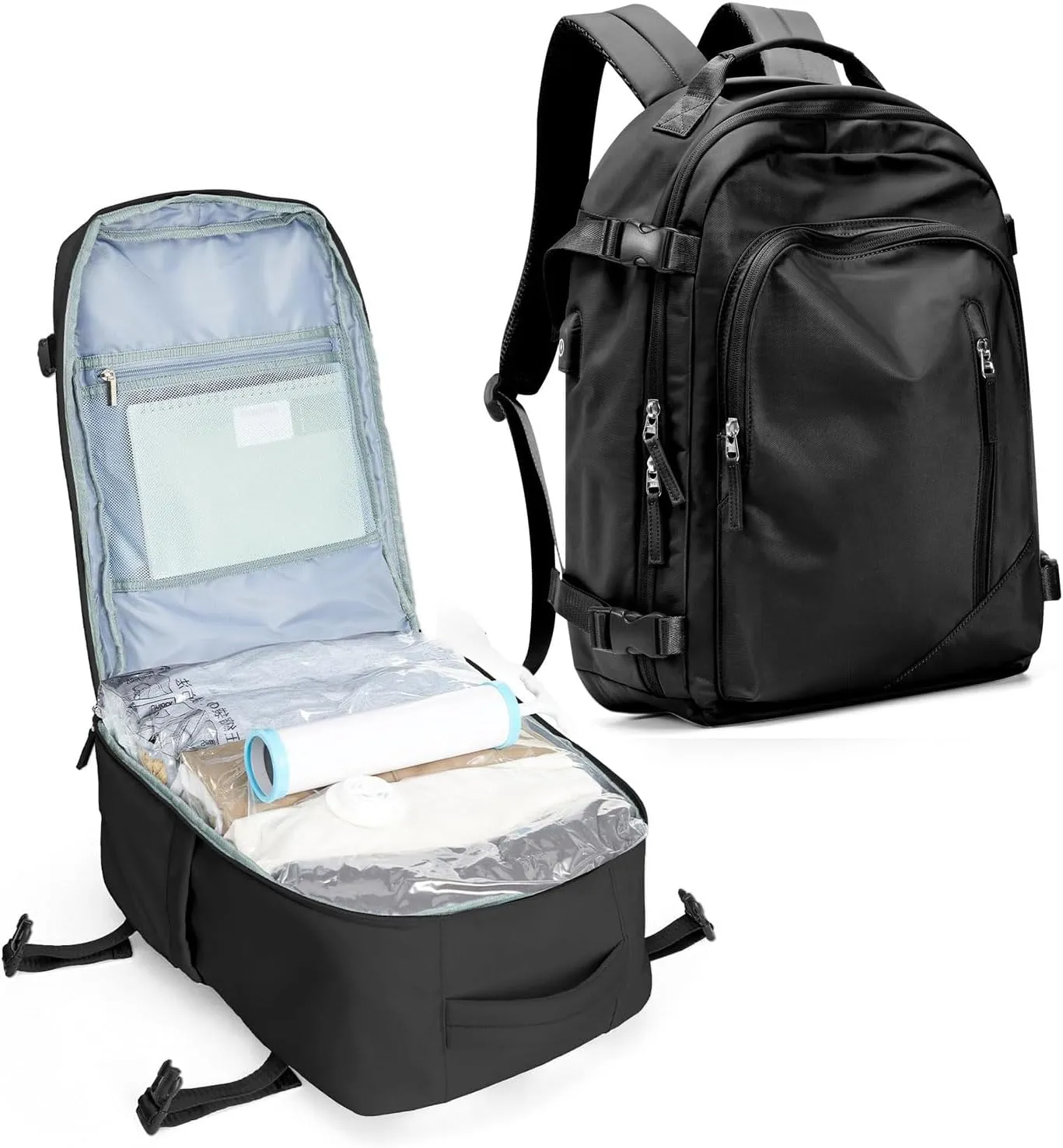 Vacuum Backpack Travel with Pump & Separate Seal Compression Bag, Waterproof Carry on Suitcase Luggage Flight Approved for Men Women, Anti-theft Laptop Daypack for Work Trip Gym, Black
