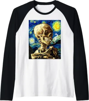 Van Gogh Skeleton Starry Night Aesthetic Streetwear Women Raglan Baseball Tee